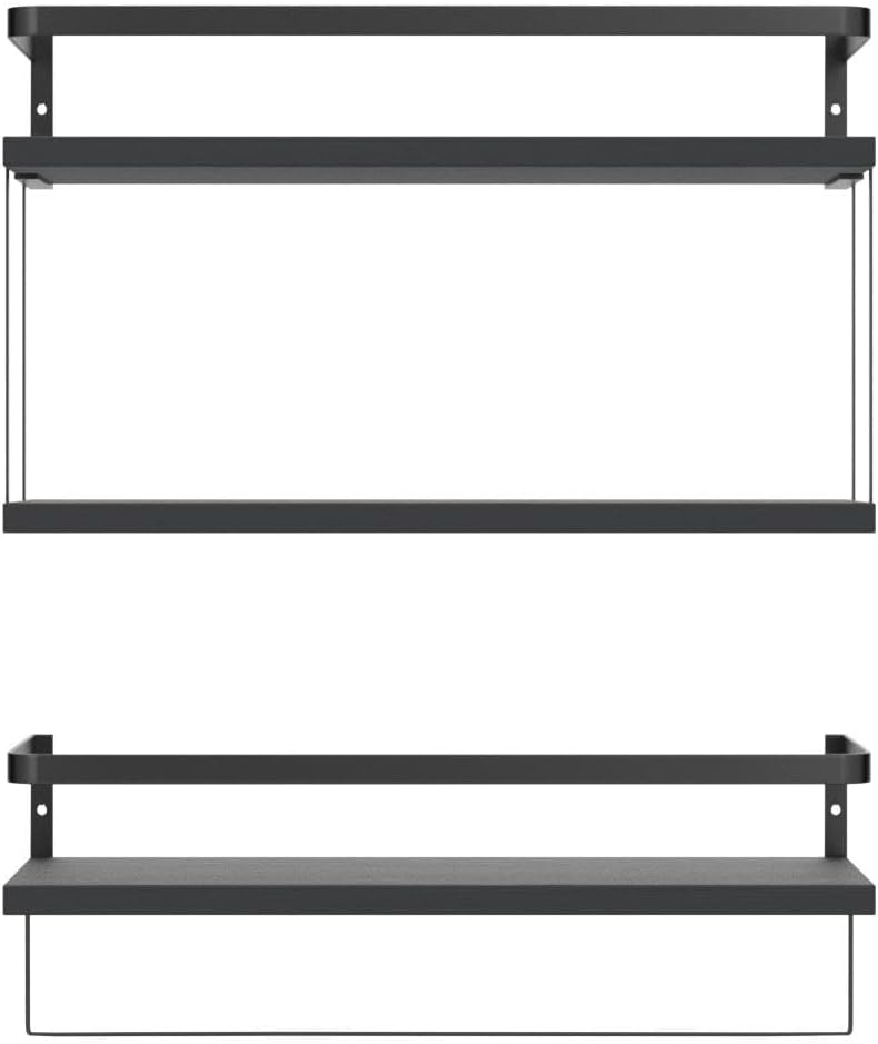 RICHER HOUSE 2+1 Tier Wall Mounted Floating Shelves Set of 2, Rustic Wood Wall Shelf with Metal Frame, Extra Storage Rack for Bathroom, Kitchen, Bedroom with Tissue Rack & Towel Bar - Black
