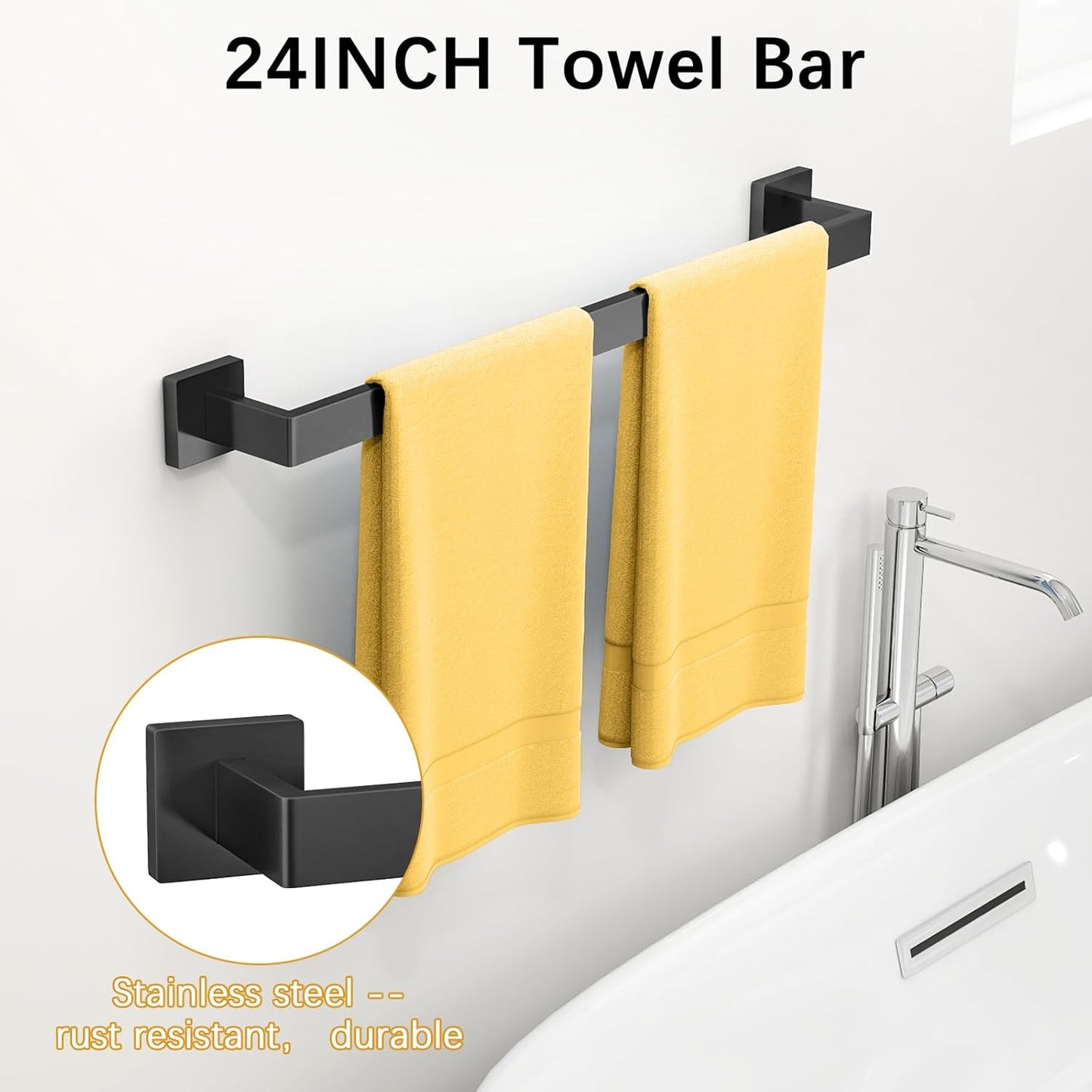 Bathroom Hardware Accessories Set, 10 Piece Black Towel Bar Set Stainless Steel, Towel Racks for Bathroom Wall Mounted Towel Holder Set, 24 inch