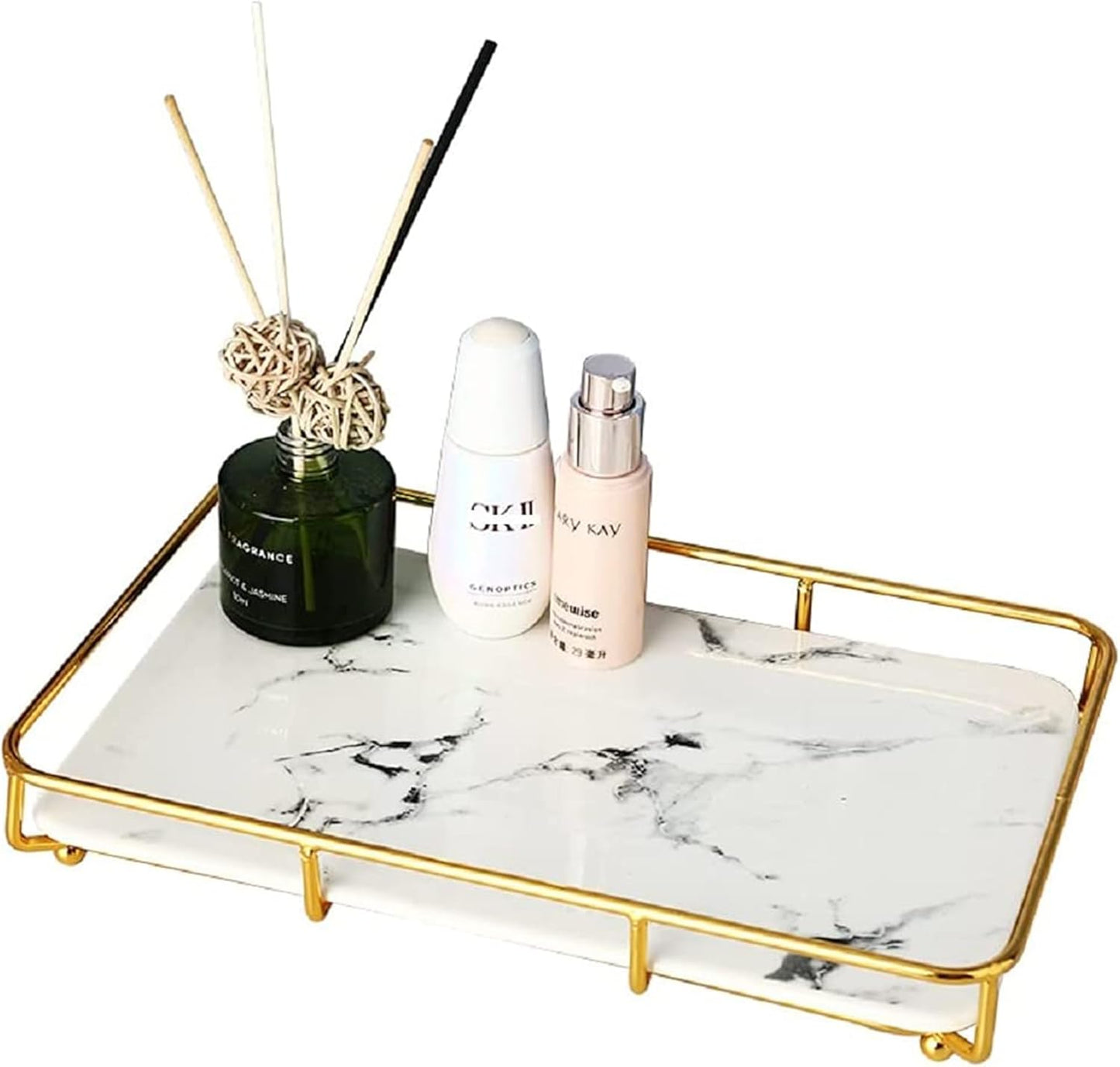 Bathroom Organizer Countertop Perfume Organizer Makeup Organizer Cosmetics Storage Display Rack Vanity Tray Dresser Stainless Steel Gold Shelf White Marble Ceramic Tray