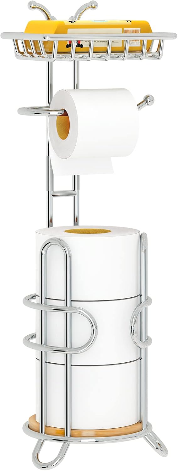 Toilet Paper Holder Stand with Shelf, Free Standing Toilet Tissue Roll Storage Rack for Bathroom, Black