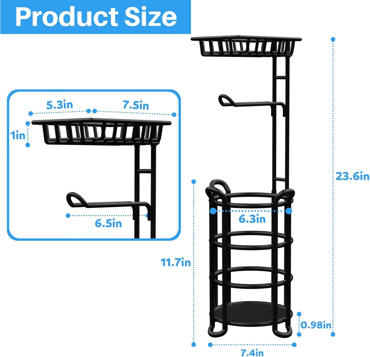 Toilet Paper Holder Stand with Shelf, Free Standing Toilet Tissue Roll Storage Rack for Bathroom, Black
