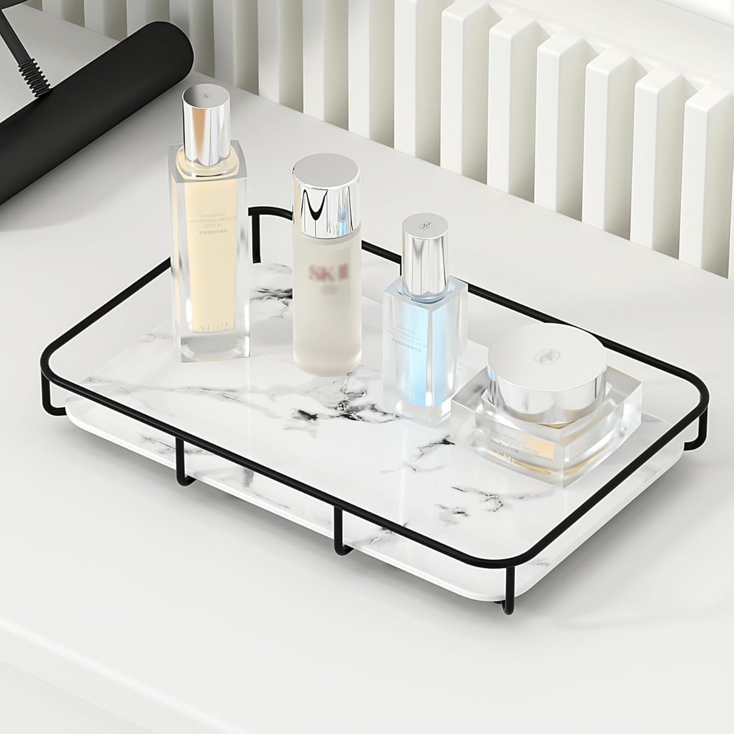 Bathroom Organizer Countertop Perfume Organizer Makeup Organizer Cosmetics Storage Display Rack Vanity Tray Dresser Stainless Steel Gold Shelf White Marble Ceramic Tray