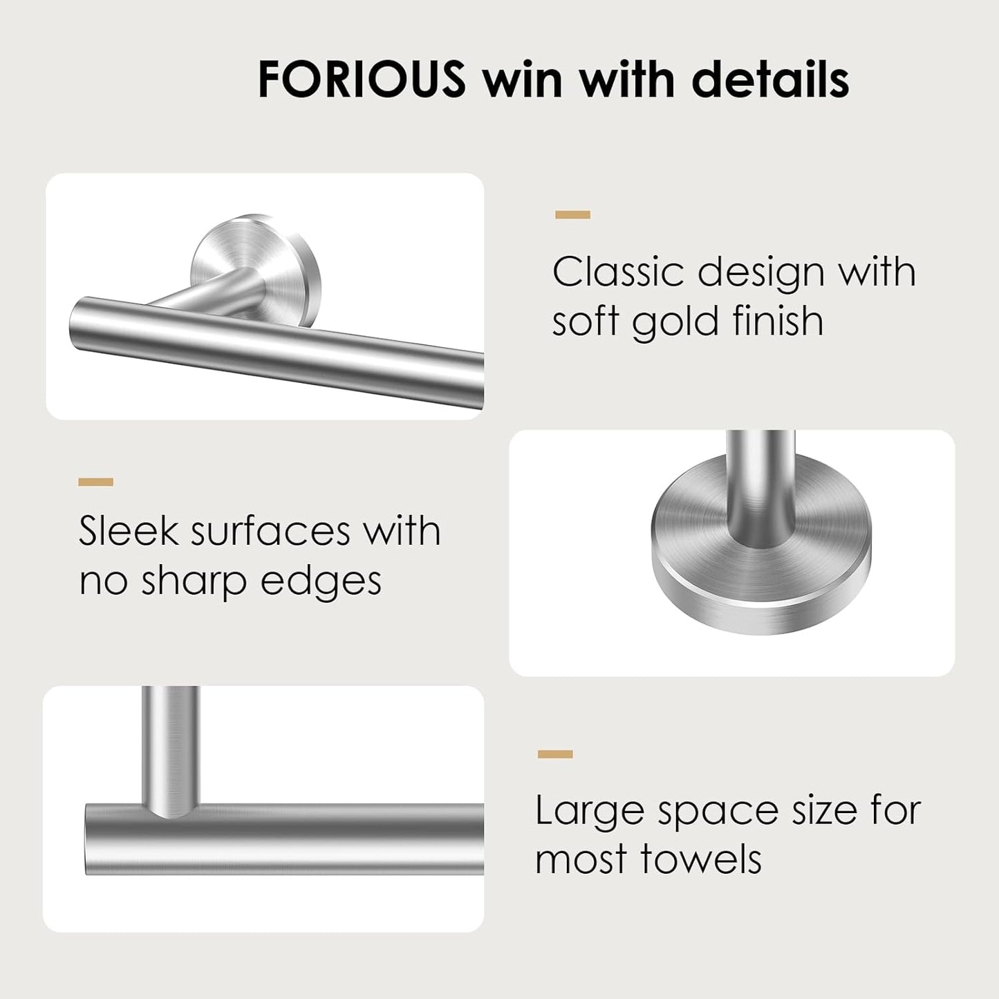 FORIOUS Towel Bar Wall Mounted, Stainless Steel Towel Racks for Bathroom, Includes Wall Mounting Hardware (Brushed Nickel, 26 Inch)