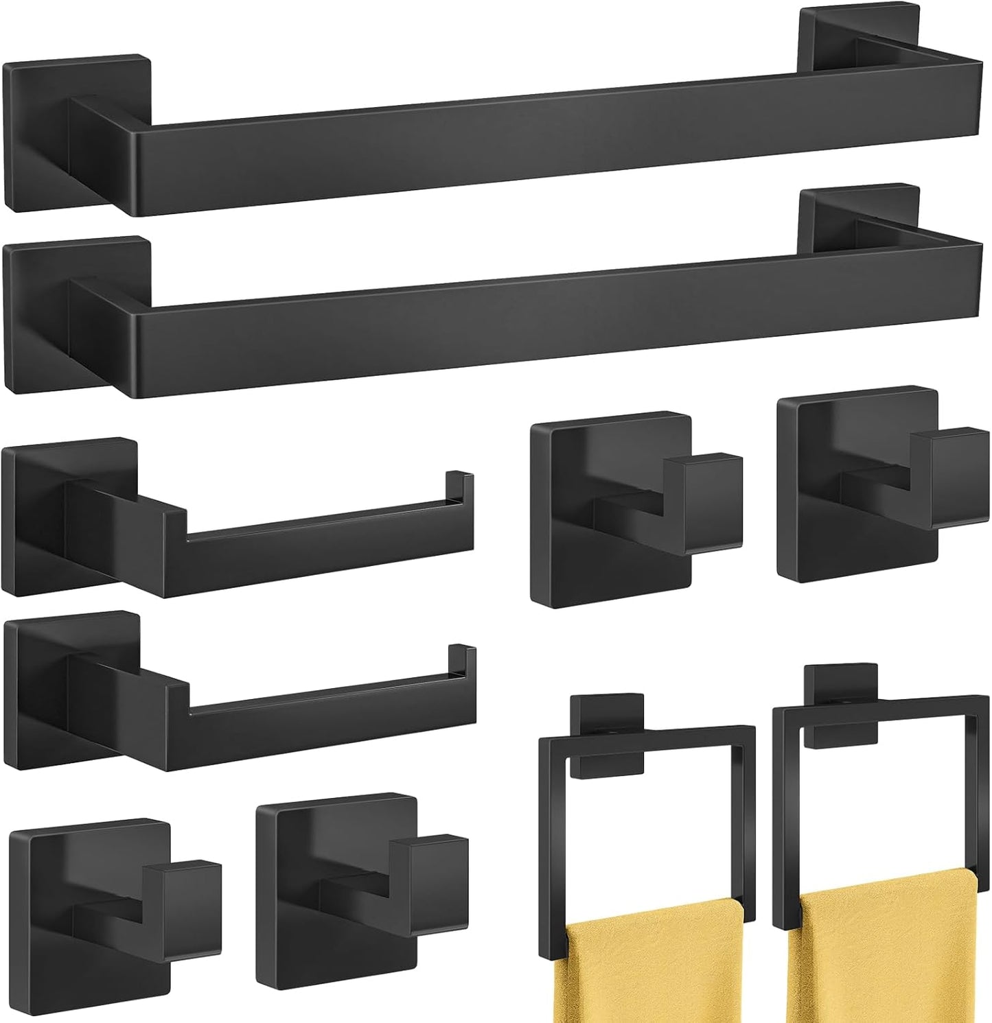 Bathroom Hardware Accessories Set, 10 Piece Black Towel Bar Set Stainless Steel, Towel Racks for Bathroom Wall Mounted Towel Holder Set, 24 inch