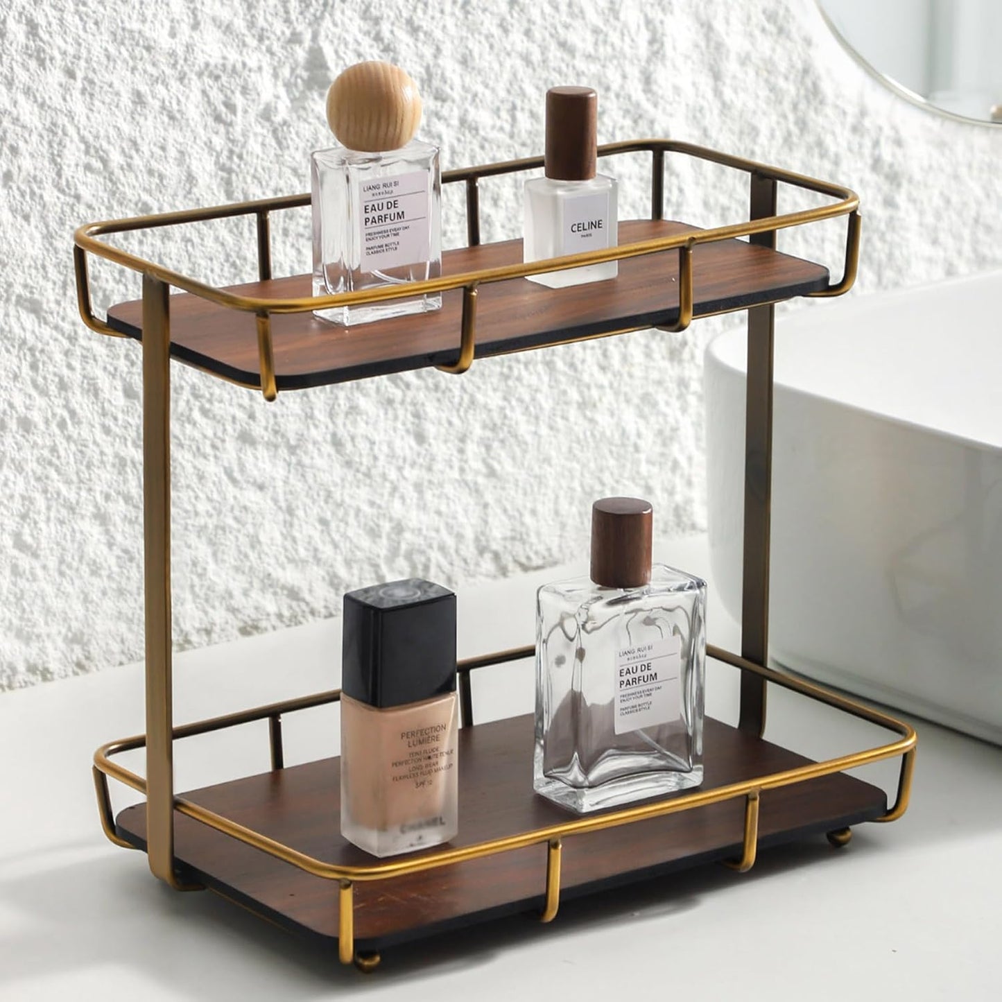 Bathroom Organizer Countertop Perfume Organizer Makeup Organizer Cosmetics Storage Display Rack Vanity Tray Dresser Stainless Steel Gold Shelf White Marble Ceramic Tray