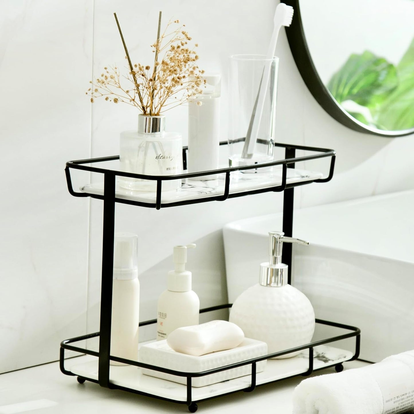 Bathroom Organizer Countertop Perfume Organizer Makeup Organizer Cosmetics Storage Display Rack Vanity Tray Dresser Stainless Steel Gold Shelf White Marble Ceramic Tray