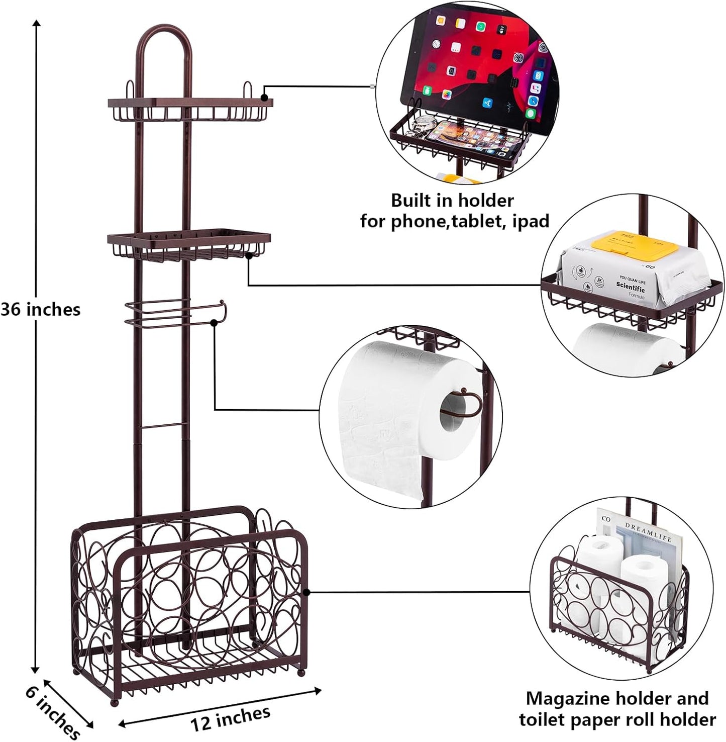 Oasis Creations Toilet Paper Holder Tissue Rack Stand with Magazine Toilet Roll Storage Basket- Freestanding, Bronze Metal