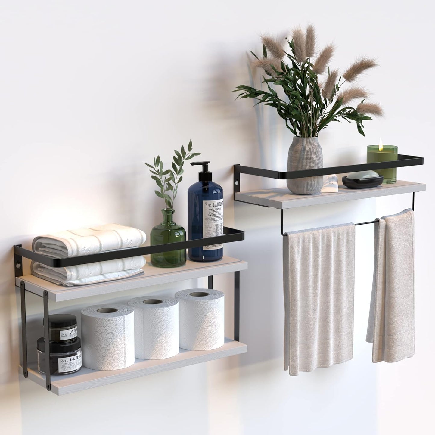 RICHER HOUSE 2+1 Tier Wall Mounted Floating Shelves Set of 2, Rustic Wood Wall Shelf with Metal Frame, Extra Storage Rack for Bathroom, Kitchen, Bedroom with Tissue Rack & Towel Bar - Black