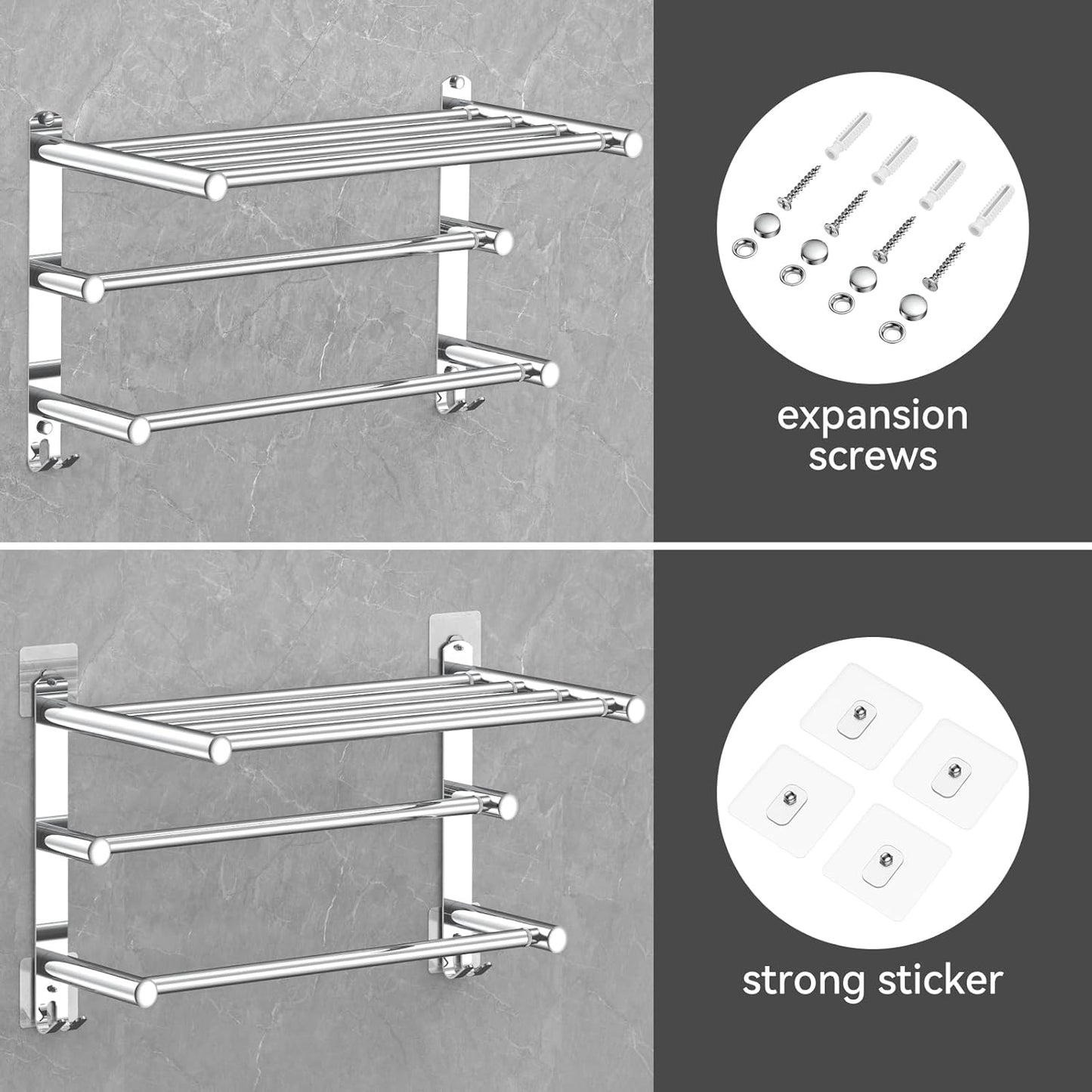 Adjustable Towel Bar for Bathroom Wall Mount17-30.7inch Adhesive Shower Towel Rack Stainless Steel Bath Towel Holders for Toilet Kitchen Double Towel Hanger (3-Layer Towel Rack)