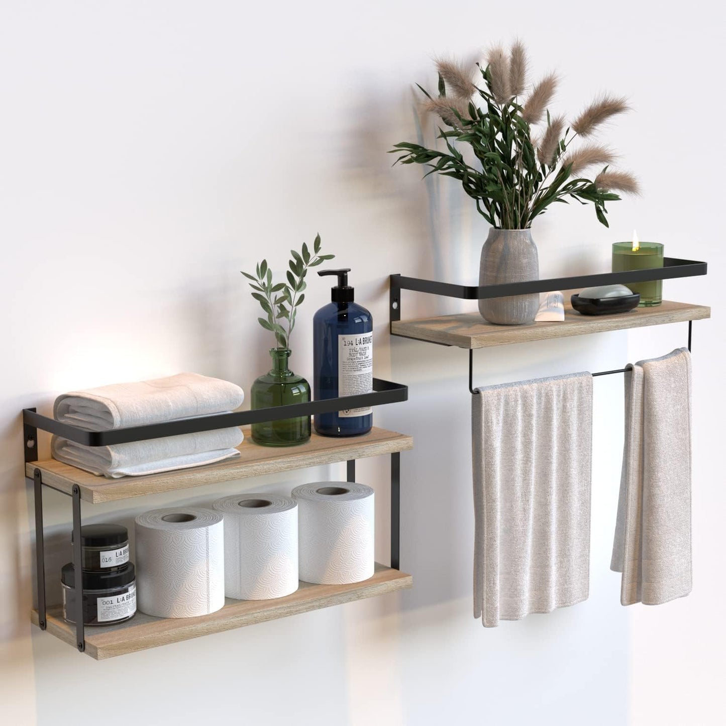 RICHER HOUSE 2+1 Tier Wall Mounted Floating Shelves Set of 2, Rustic Wood Wall Shelf with Metal Frame, Extra Storage Rack for Bathroom, Kitchen, Bedroom with Tissue Rack & Towel Bar - Black