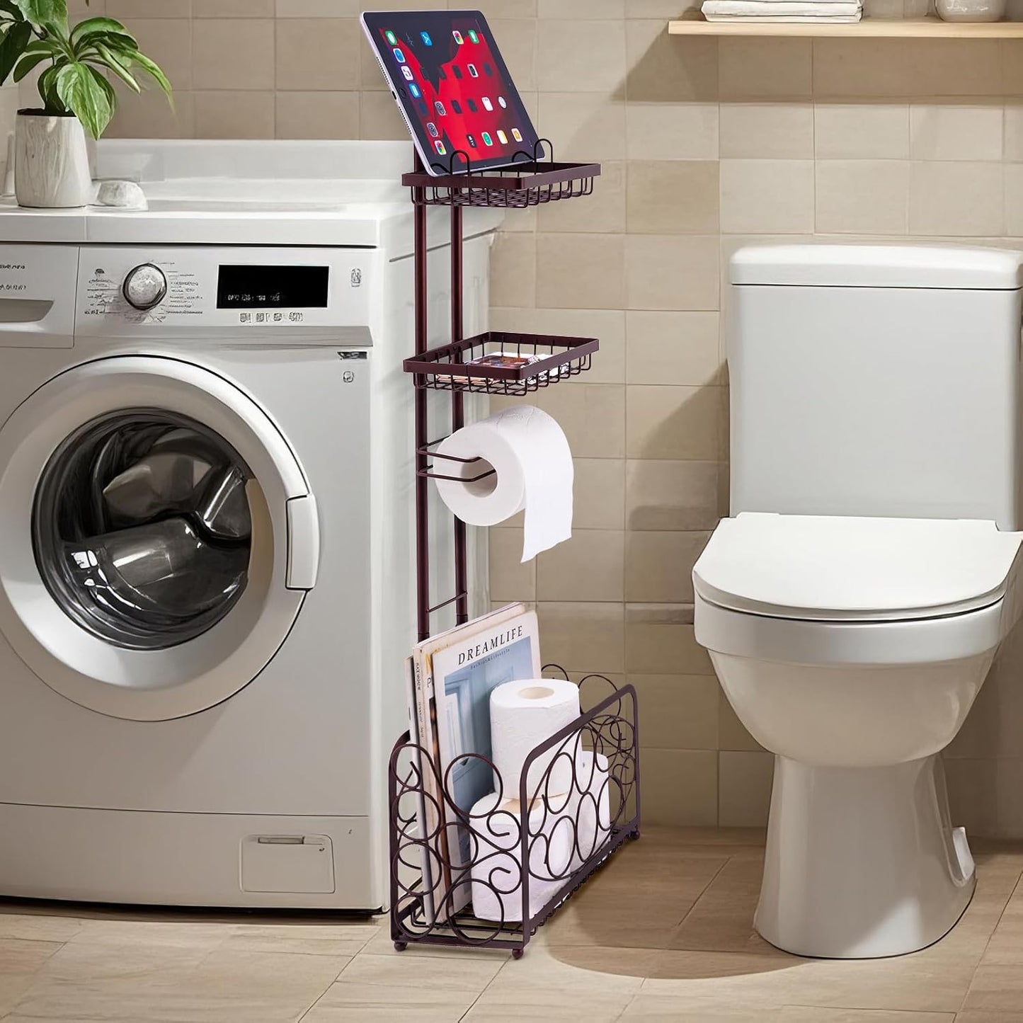 Oasis Creations Toilet Paper Holder Tissue Rack Stand with Magazine Toilet Roll Storage Basket- Freestanding, Bronze Metal