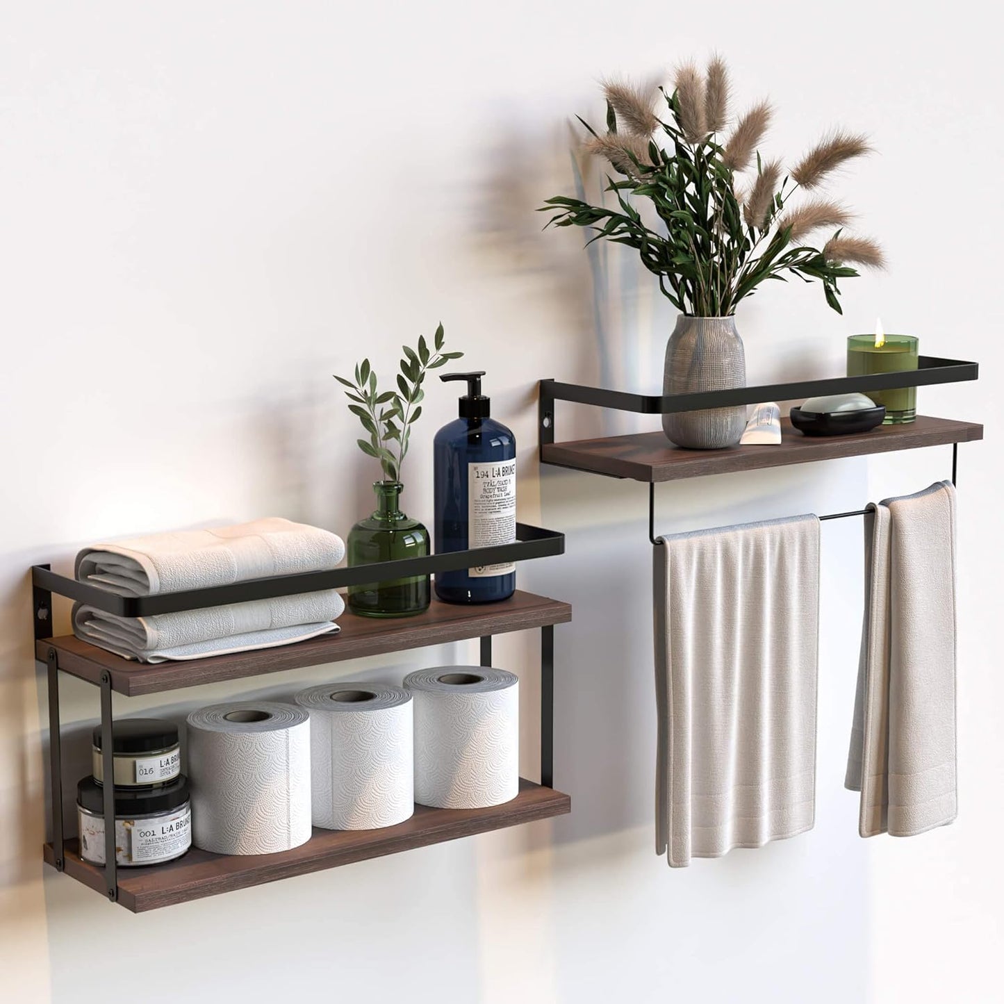 RICHER HOUSE 2+1 Tier Wall Mounted Floating Shelves Set of 2, Rustic Wood Wall Shelf with Metal Frame, Extra Storage Rack for Bathroom, Kitchen, Bedroom with Tissue Rack & Towel Bar - Black