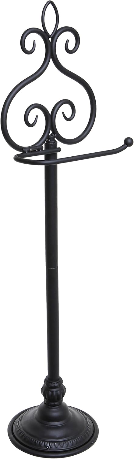 MyGift Free Standing Toilet Paper Holder Black Metal Scrollwork Design Bathroom Tissue Paper Stand - Single Roll Storage Rack