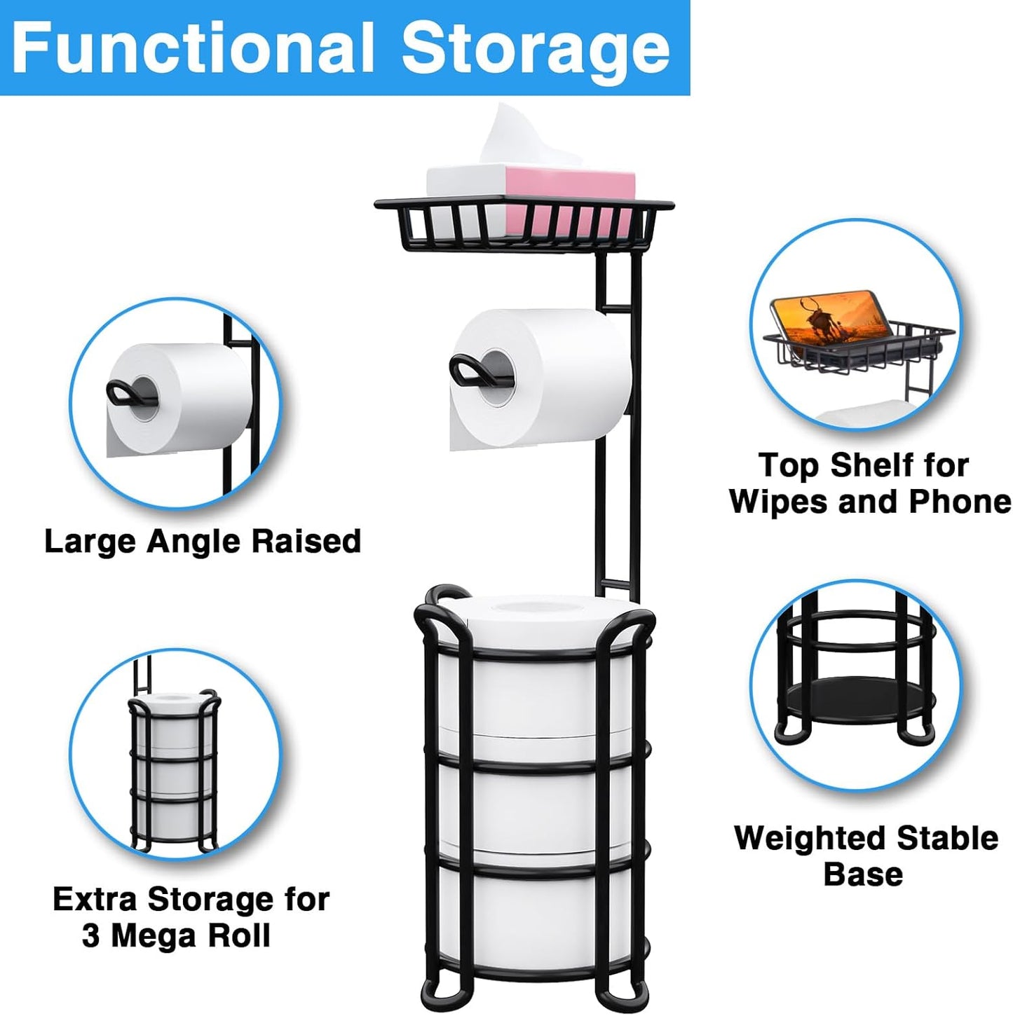 Toilet Paper Holder Stand with Shelf, Free Standing Toilet Tissue Roll Storage Rack for Bathroom, Black