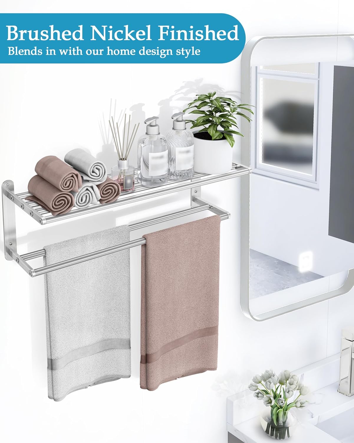 Towel Racks for Bathroom - 24 in Bath Towel Shelf with Double Towel Bar, Stainless Steel Towel Storage for Lavatory Wall Mounted, 2-Tier Towel Hanger Towel Holder, Brushed Nickel