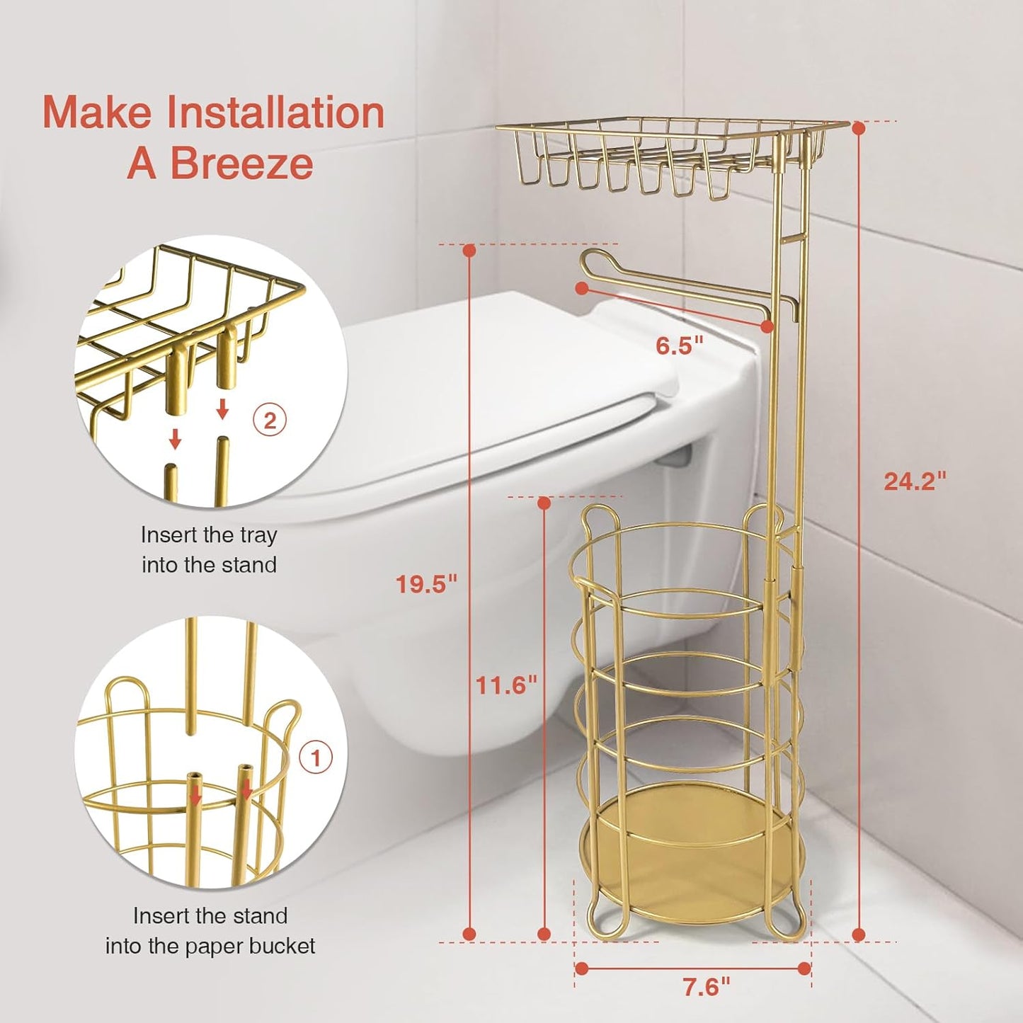 Gold Free Standing Toilet Paper Holder Stand with Phone Shelf, Floor Bathroom Tissue Holder for Large Mega Rolls, Metal Freestanding Toilet Paper Roll Holder with Wipes Storage Tray