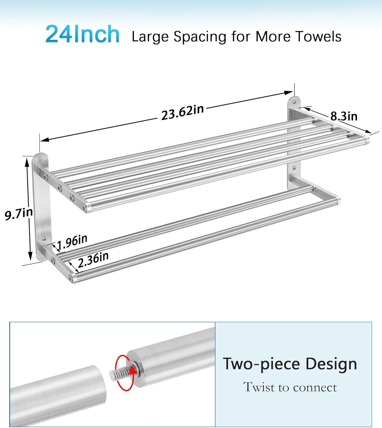 Towel Racks for Bathroom - 24 in Bath Towel Shelf with Double Towel Bar, Stainless Steel Towel Storage for Lavatory Wall Mounted, 2-Tier Towel Hanger Towel Holder, Brushed Nickel