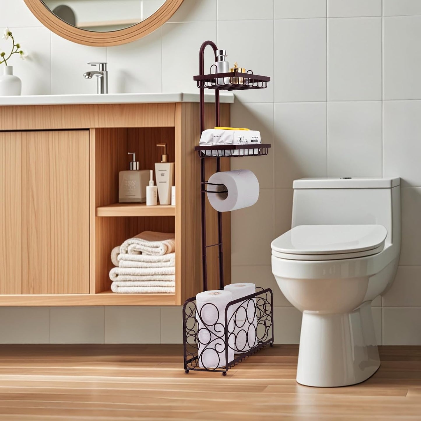 Oasis Creations Toilet Paper Holder Tissue Rack Stand with Magazine Toilet Roll Storage Basket- Freestanding, Bronze Metal