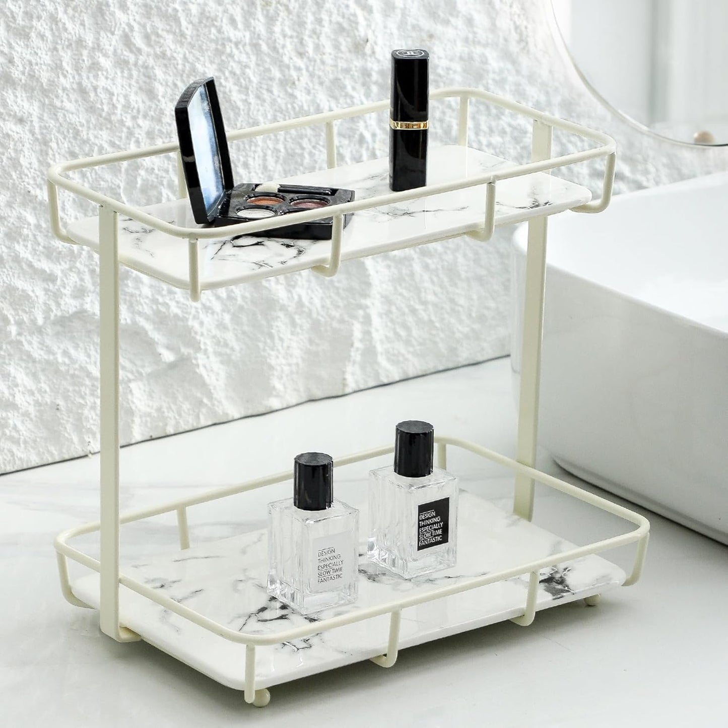Bathroom Organizer Countertop Perfume Organizer Makeup Organizer Cosmetics Storage Display Rack Vanity Tray Dresser Stainless Steel Gold Shelf White Marble Ceramic Tray