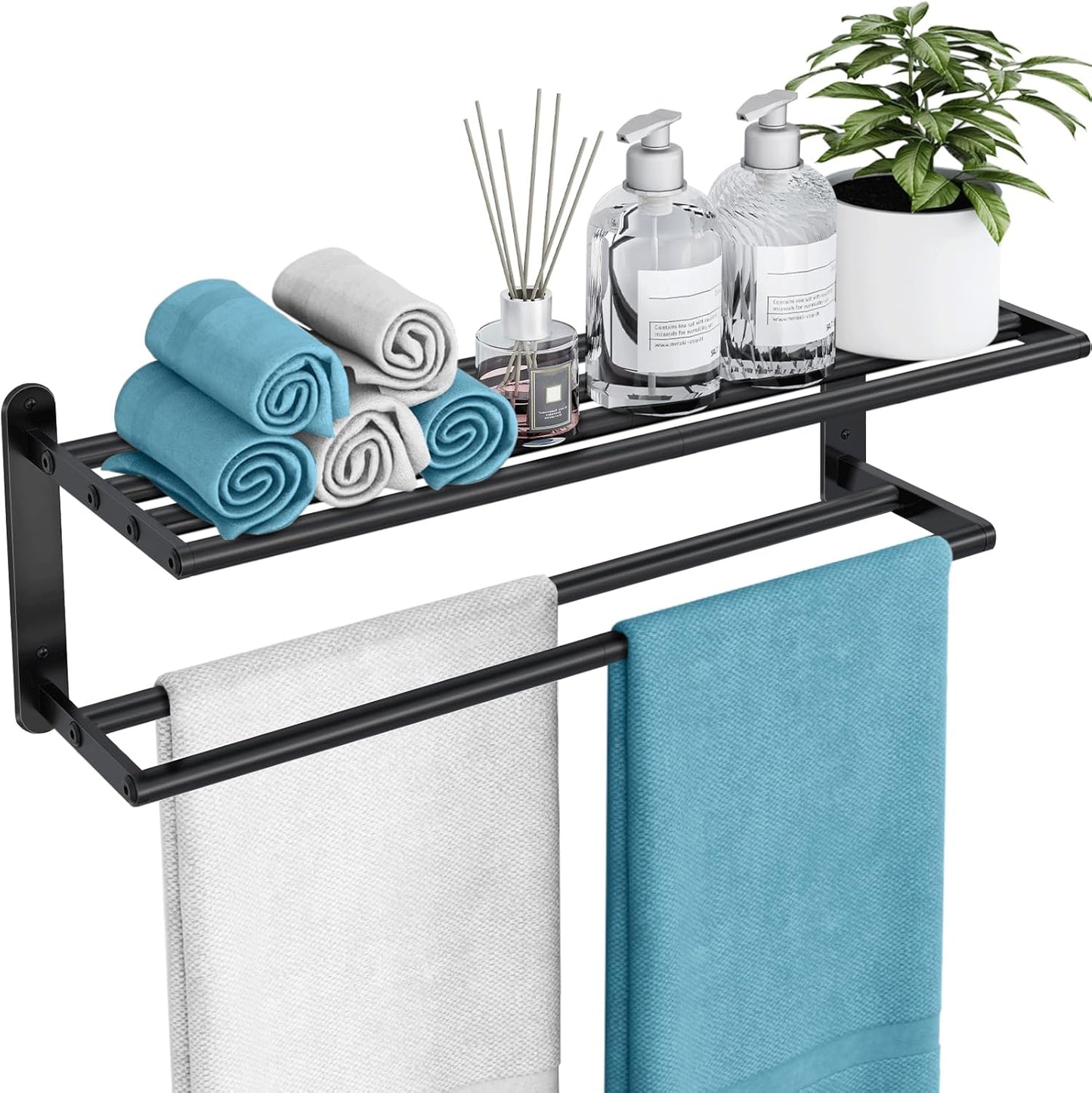Towel Racks for Bathroom - 24 in Bath Towel Shelf with Double Towel Bar, Stainless Steel Towel Storage for Lavatory Wall Mounted, 2-Tier Towel Hanger Towel Holder, Brushed Nickel
