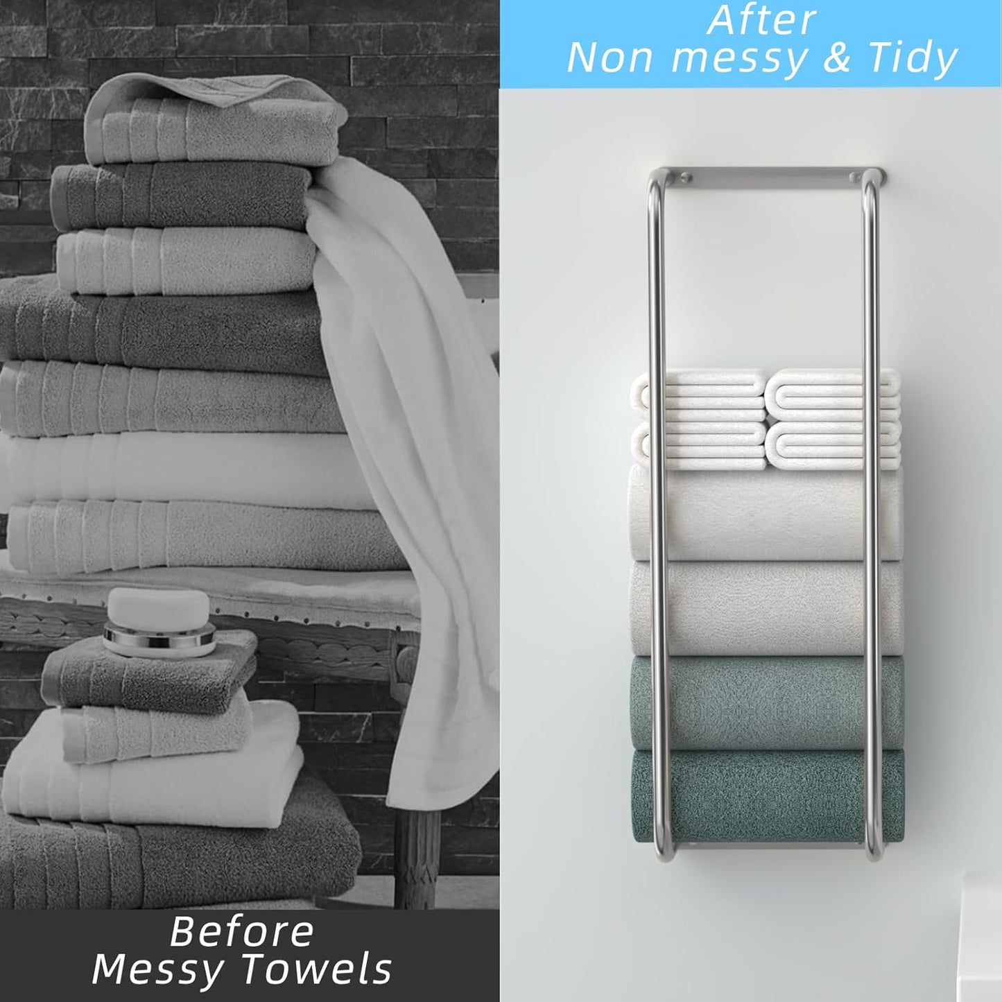 Stainless Steel Wall-Mounted Bathroom Towel Rack and Organizer for Rolled Towels, Ideal for Modern Small Bathrooms with Limited Space, Sleek and Chic Sliver Design.
