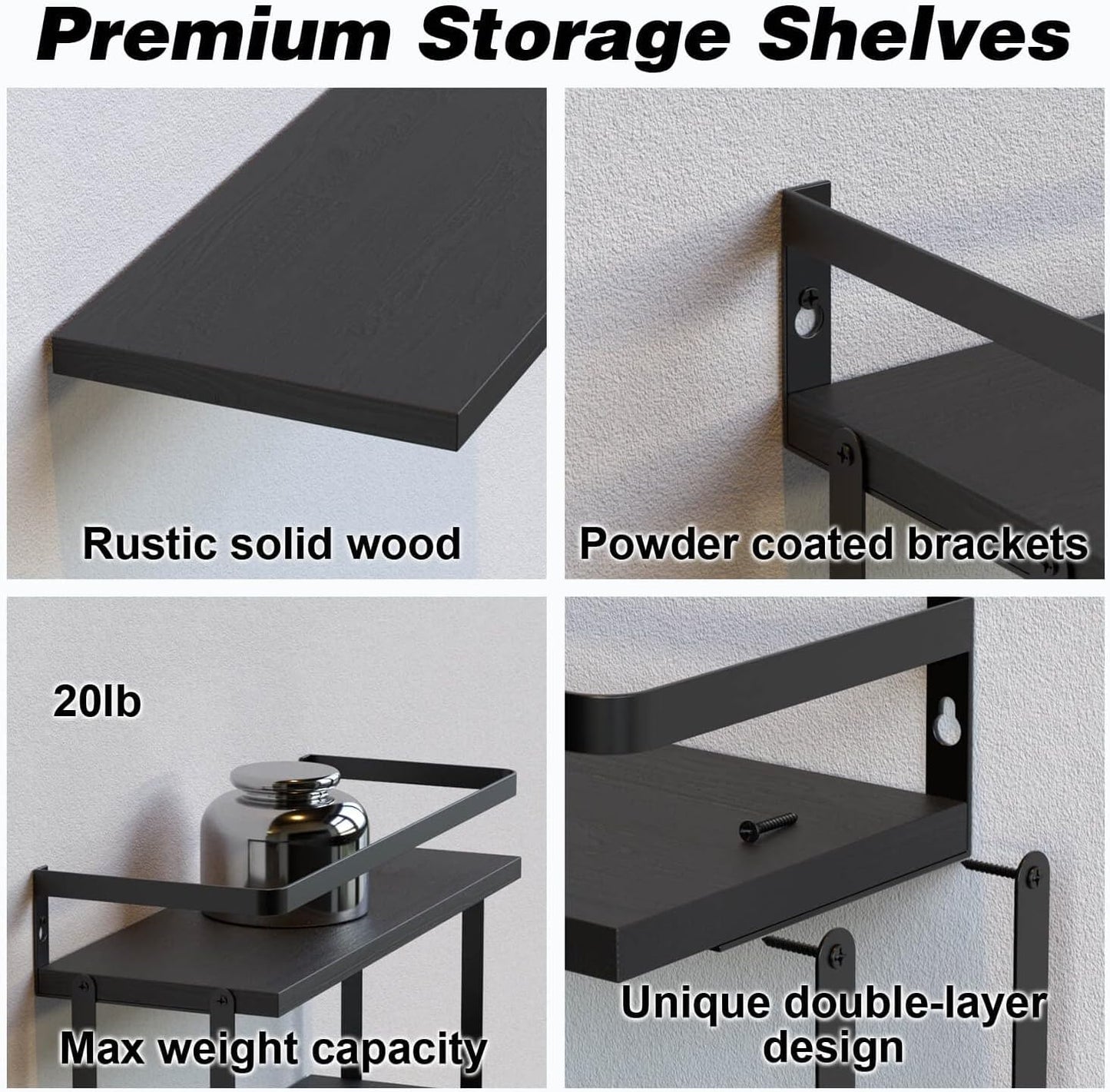 RICHER HOUSE 2+1 Tier Wall Mounted Floating Shelves Set of 2, Rustic Wood Wall Shelf with Metal Frame, Extra Storage Rack for Bathroom, Kitchen, Bedroom with Tissue Rack & Towel Bar - Black