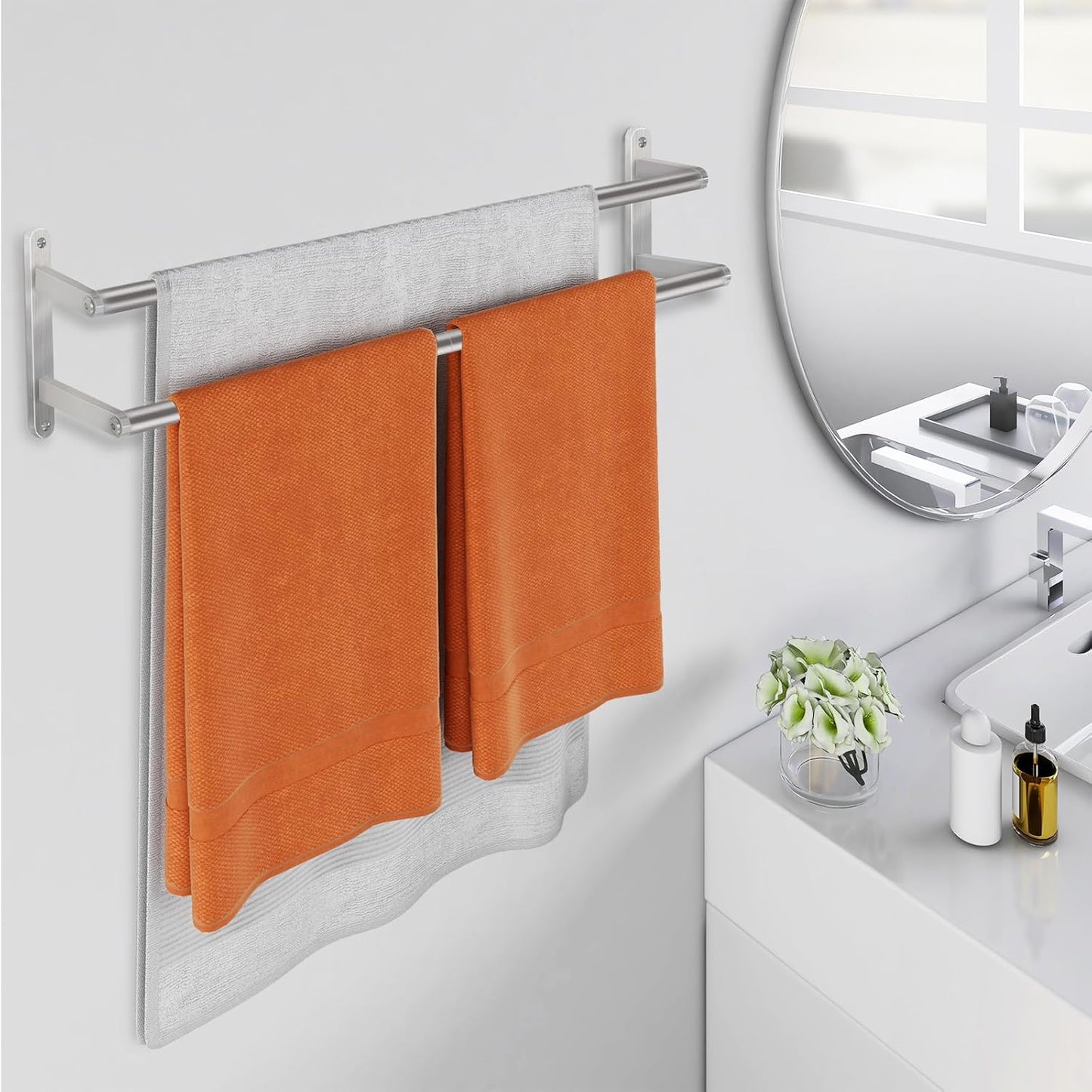 Double Towel Bar, 24Inch Towel Rack for Bathroom, Stainless Steel Double Bath Towel Bar, Wall Mounted Towel Holder, Double Towel Rod Towel Rail Hanger for Wall, Kitchen (Brush Nickel)