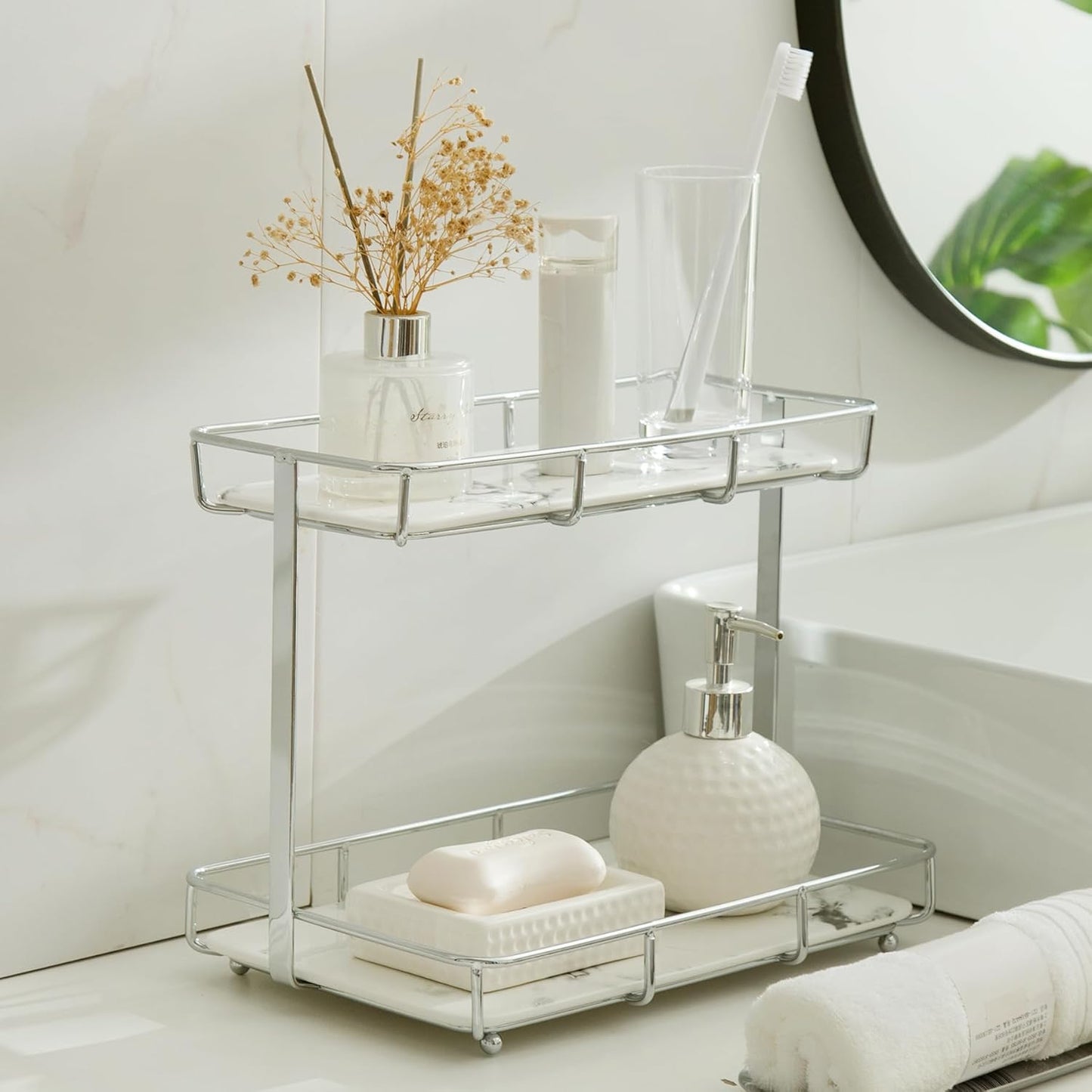 Bathroom Organizer Countertop Perfume Organizer Makeup Organizer Cosmetics Storage Display Rack Vanity Tray Dresser Stainless Steel Gold Shelf White Marble Ceramic Tray