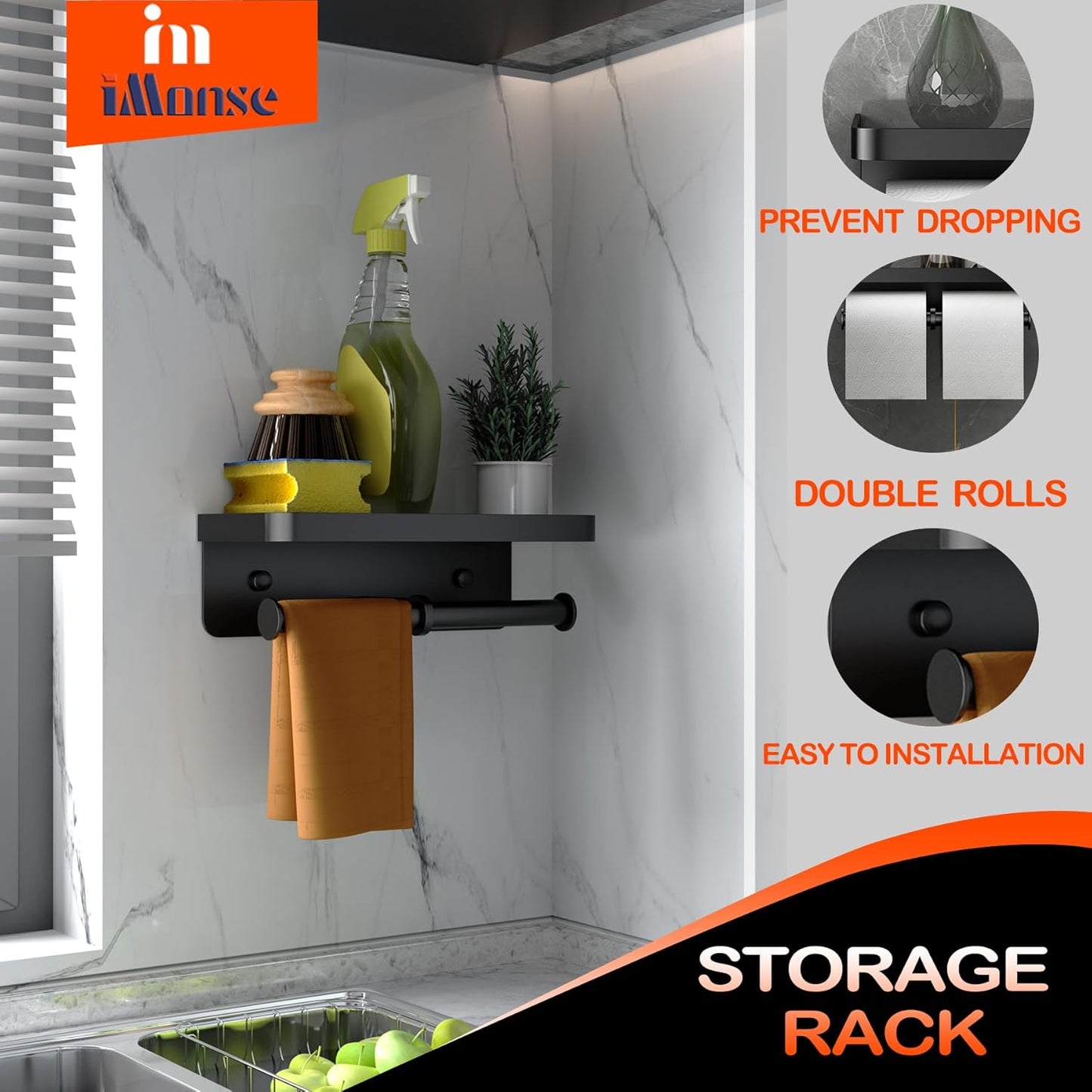 Double Toilet Paper Holder with Shelf, Commercial Toilet Paper Towel Holder Wall Mount, Tissue Roll Holder for Bathroom Kitchen RV, Double Tissue Roll Rack with Adhesive & Screw (Matte Black)