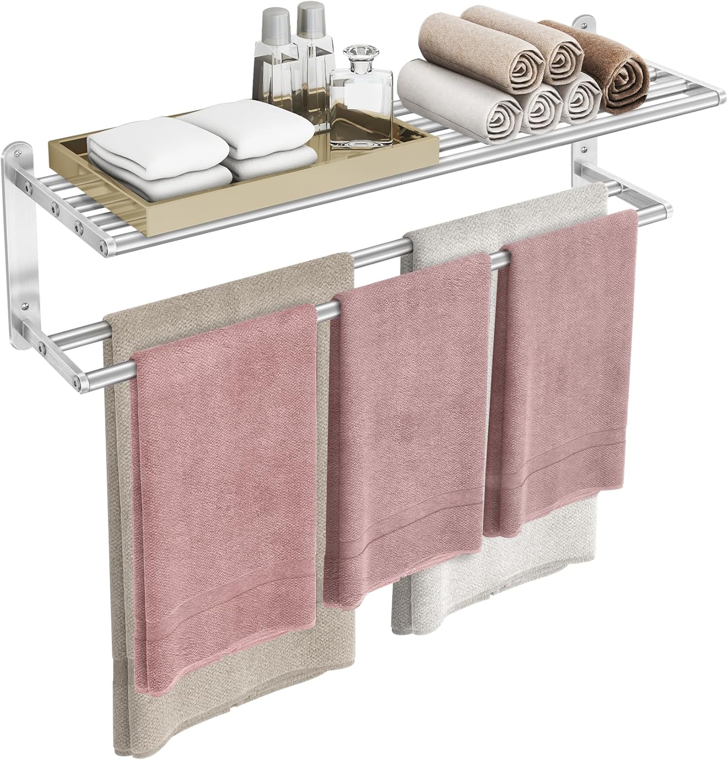 Towel Racks for Bathroom - 24 in Bath Towel Shelf with Double Towel Bar, Stainless Steel Towel Storage for Lavatory Wall Mounted, 2-Tier Towel Hanger Towel Holder, Brushed Nickel