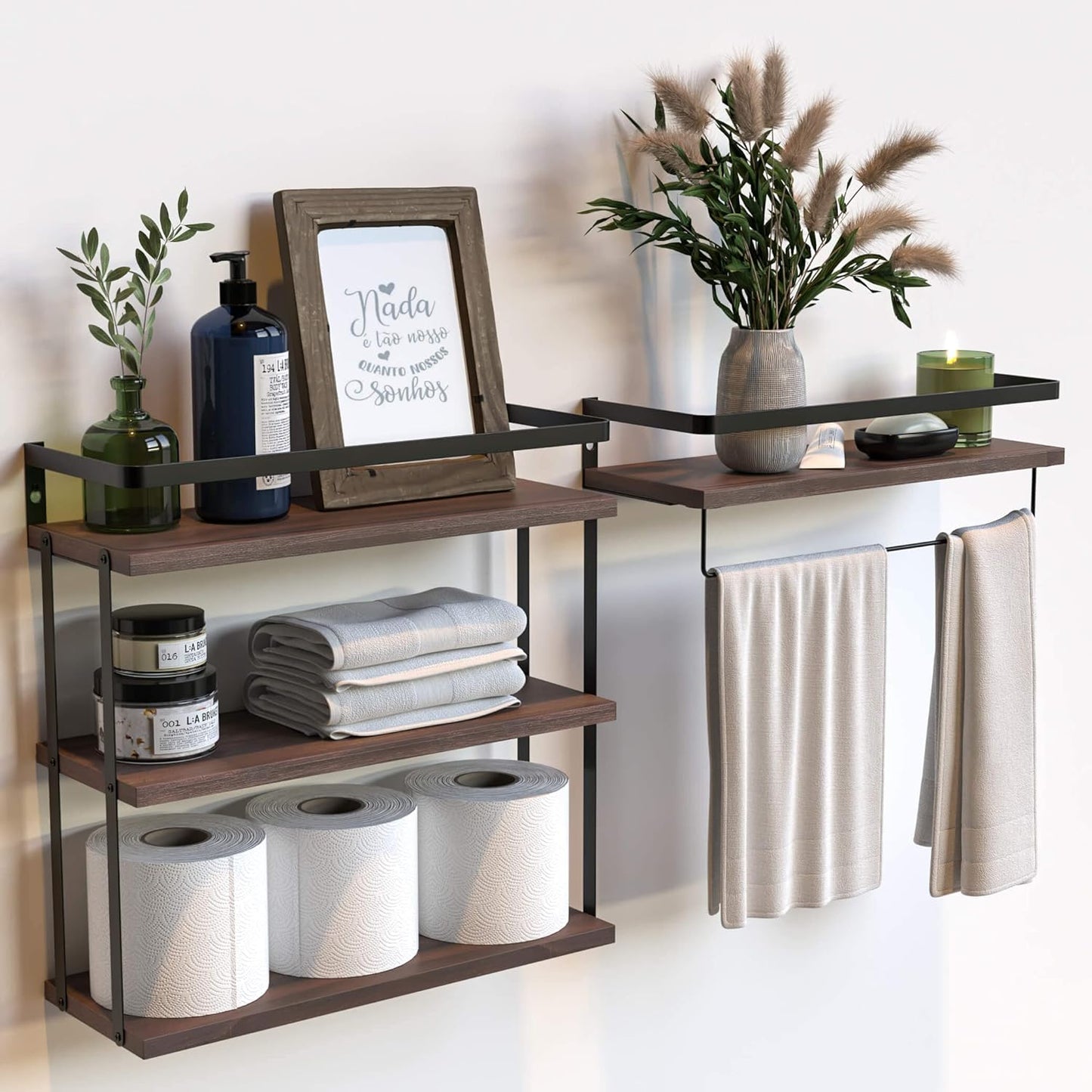 RICHER HOUSE 2+1 Tier Wall Mounted Floating Shelves Set of 2, Rustic Wood Wall Shelf with Metal Frame, Extra Storage Rack for Bathroom, Kitchen, Bedroom with Tissue Rack & Towel Bar - Black