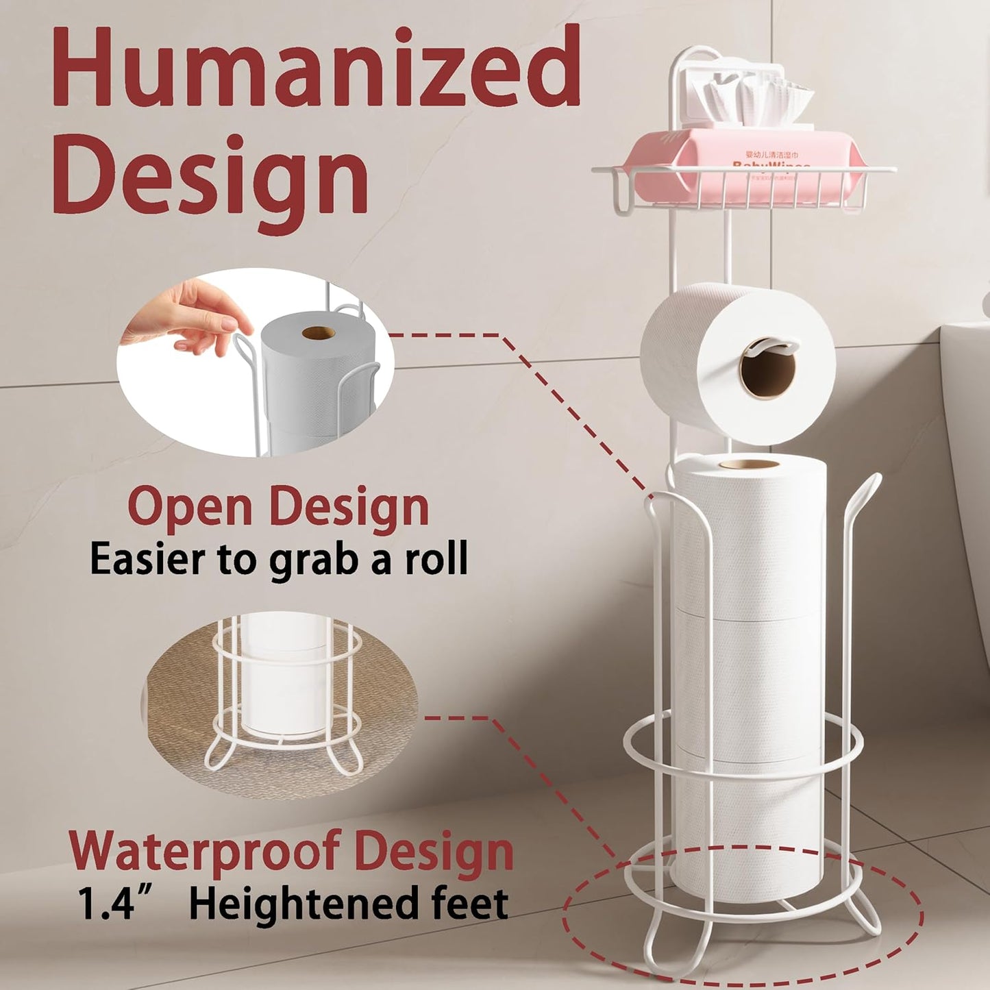 Toilet Paper Holder Stand with Shelf and Dispenser, 4 Mega Rolls Metal Wire Free-Standing Toilet Tissue Paper Roll Storage Rack Bathroom Accessories Storage Organizer(White)