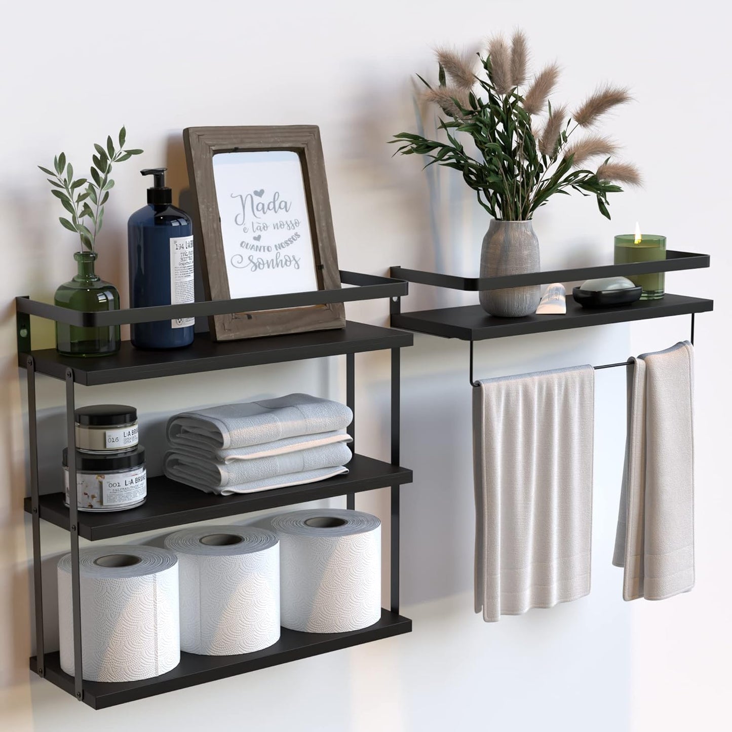 RICHER HOUSE 2+1 Tier Wall Mounted Floating Shelves Set of 2, Rustic Wood Wall Shelf with Metal Frame, Extra Storage Rack for Bathroom, Kitchen, Bedroom with Tissue Rack & Towel Bar - Black