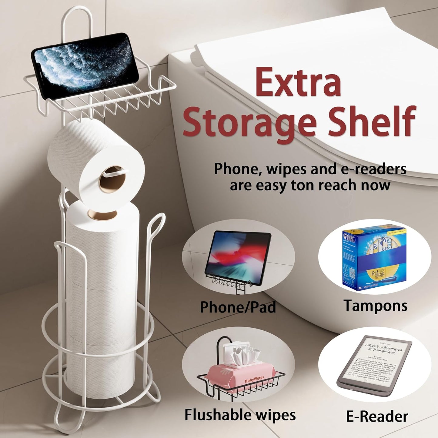 Toilet Paper Holder Stand with Shelf and Dispenser, 4 Mega Rolls Metal Wire Free-Standing Toilet Tissue Paper Roll Storage Rack Bathroom Accessories Storage Organizer(White)