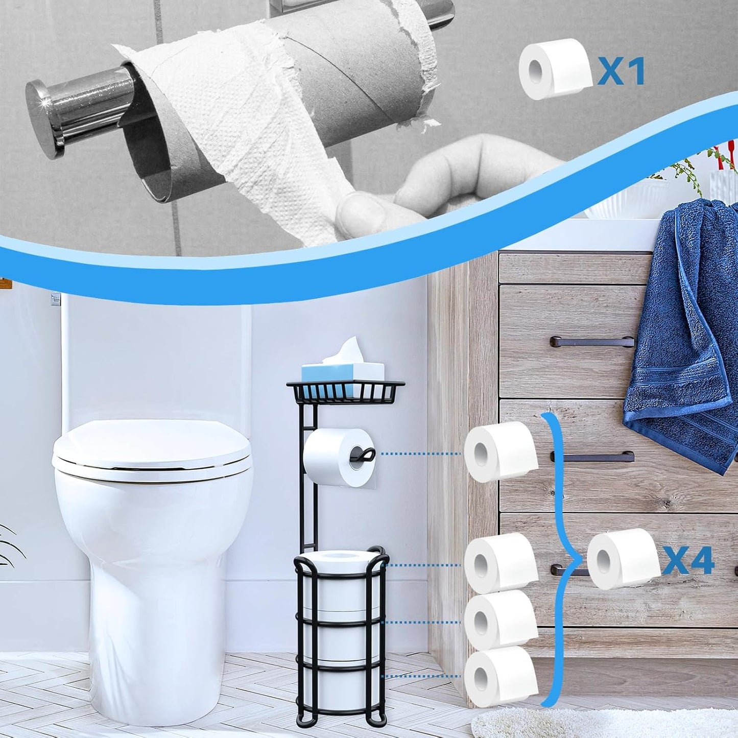 Toilet Paper Holder Stand with Shelf, Free Standing Toilet Tissue Roll Storage Rack for Bathroom, Black