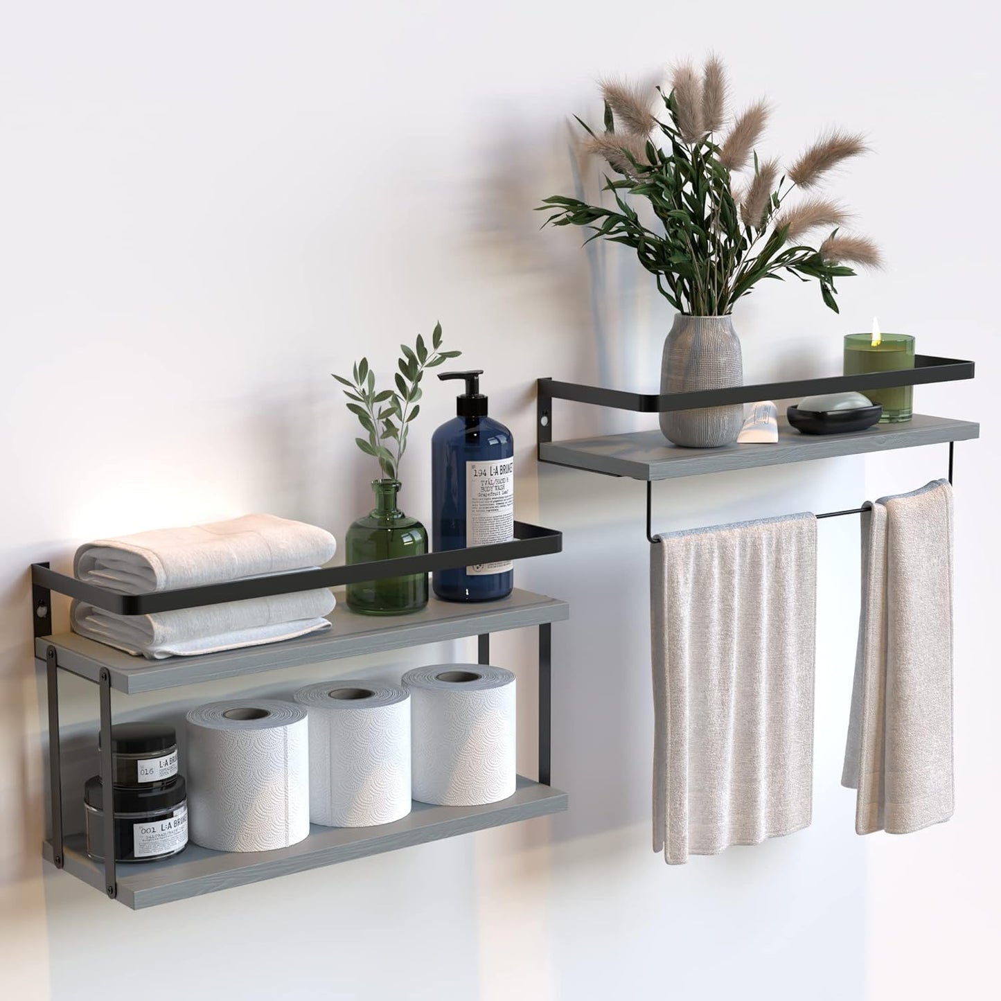 RICHER HOUSE 2+1 Tier Wall Mounted Floating Shelves Set of 2, Rustic Wood Wall Shelf with Metal Frame, Extra Storage Rack for Bathroom, Kitchen, Bedroom with Tissue Rack & Towel Bar - Black