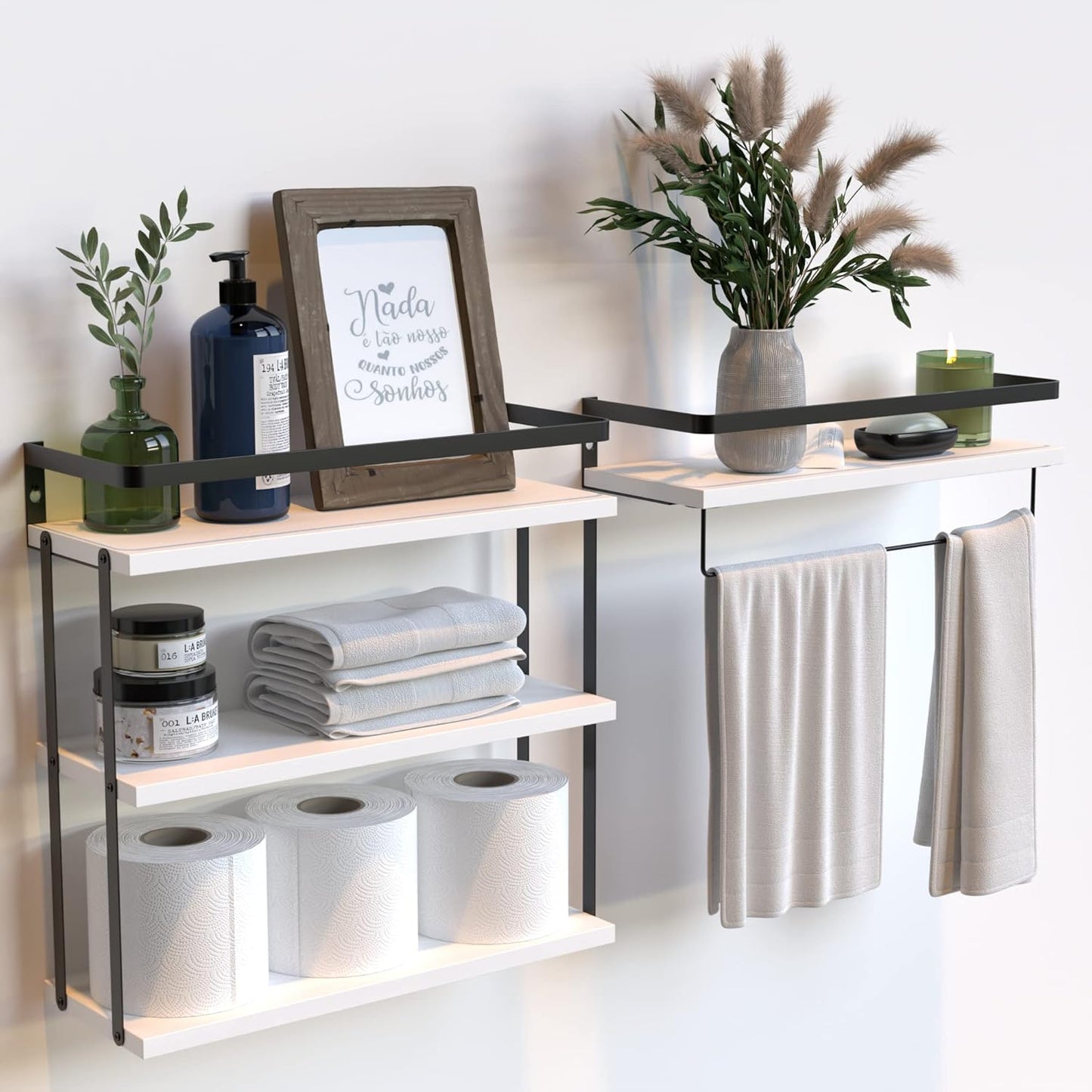 RICHER HOUSE 2+1 Tier Wall Mounted Floating Shelves Set of 2, Rustic Wood Wall Shelf with Metal Frame, Extra Storage Rack for Bathroom, Kitchen, Bedroom with Tissue Rack & Towel Bar - Black