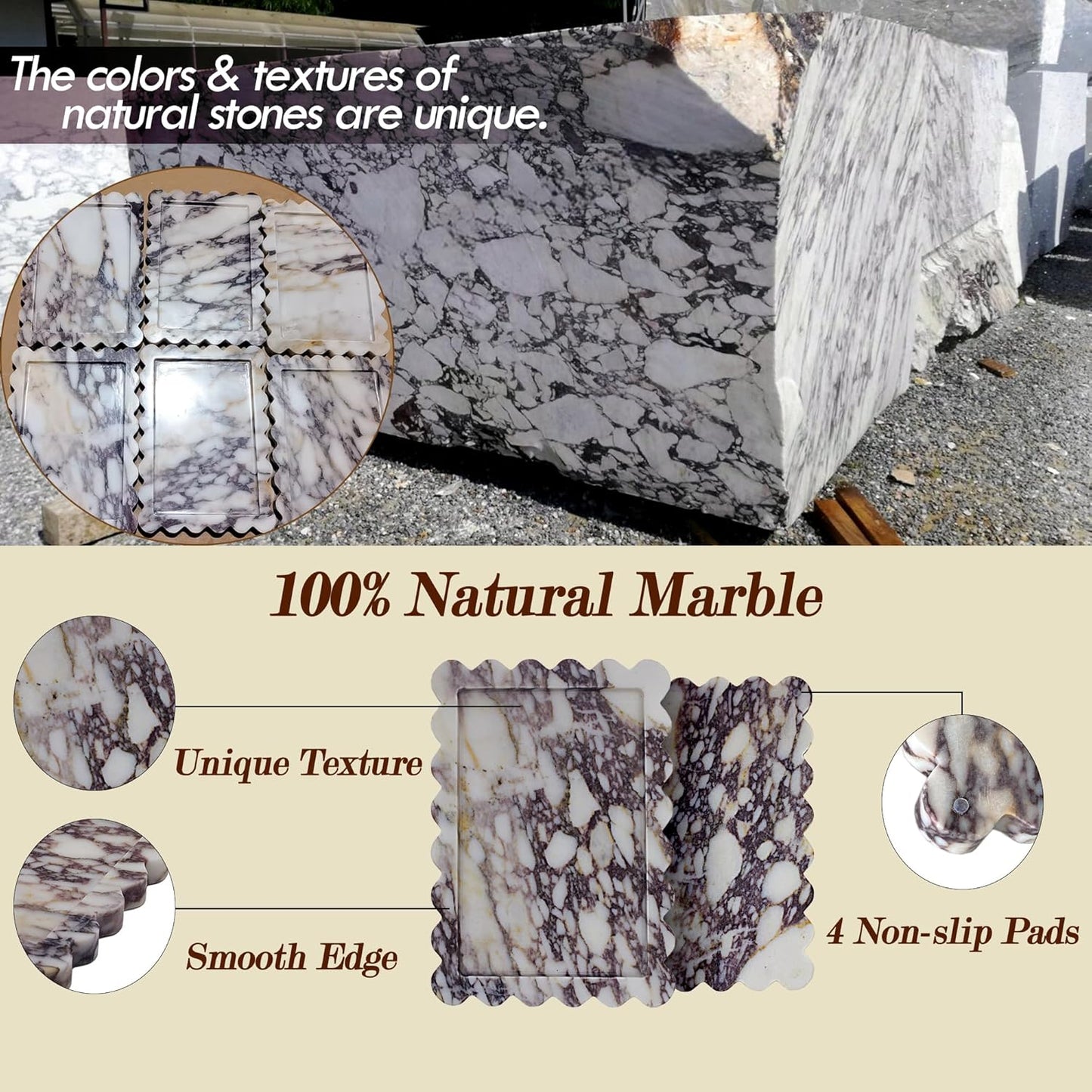 Genuine Calacatta Viola Scalloped Marble Tray, Real Natural Marble Stone Tray, Luxury Decorative Trays for Bathroom, Dresser, Vanity, Kitchen, Home Decor, 10.6" x 8", Calacatta Viola Purple