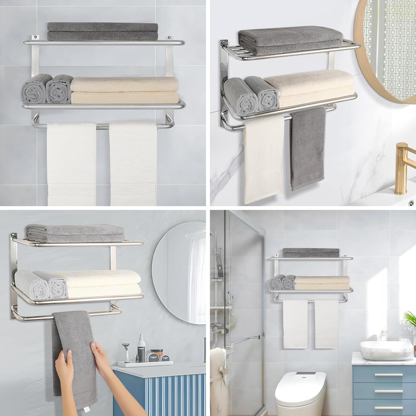 Towel Rack for Bathroom, DEWVIE 23 Inch Tower Holder with Tower Bars, SUS 304 Stainless Steel Lavatory Bath Towel Shelf Towel Hanger Wall Mount, 3-Tier (Brushed Nickel)