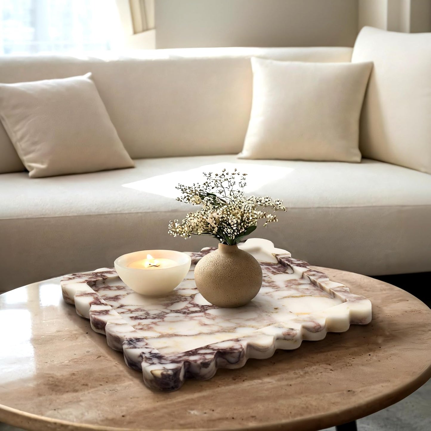 Genuine Calacatta Viola Scalloped Marble Tray, Real Natural Marble Stone Tray, Luxury Decorative Trays for Bathroom, Dresser, Vanity, Kitchen, Home Decor, 10.6" x 8", Calacatta Viola Purple