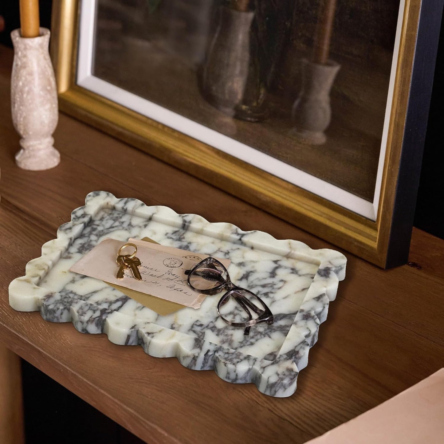 Prolee Scalloped Marble Tray,Marble Vanity Trays for Bathroom 12" x 9", Scalloped Tray,Wave Appearance Jewelry Home Decor Stone Trays for Kitchen Counter, Bathroom,Genuine Calacatta Viola