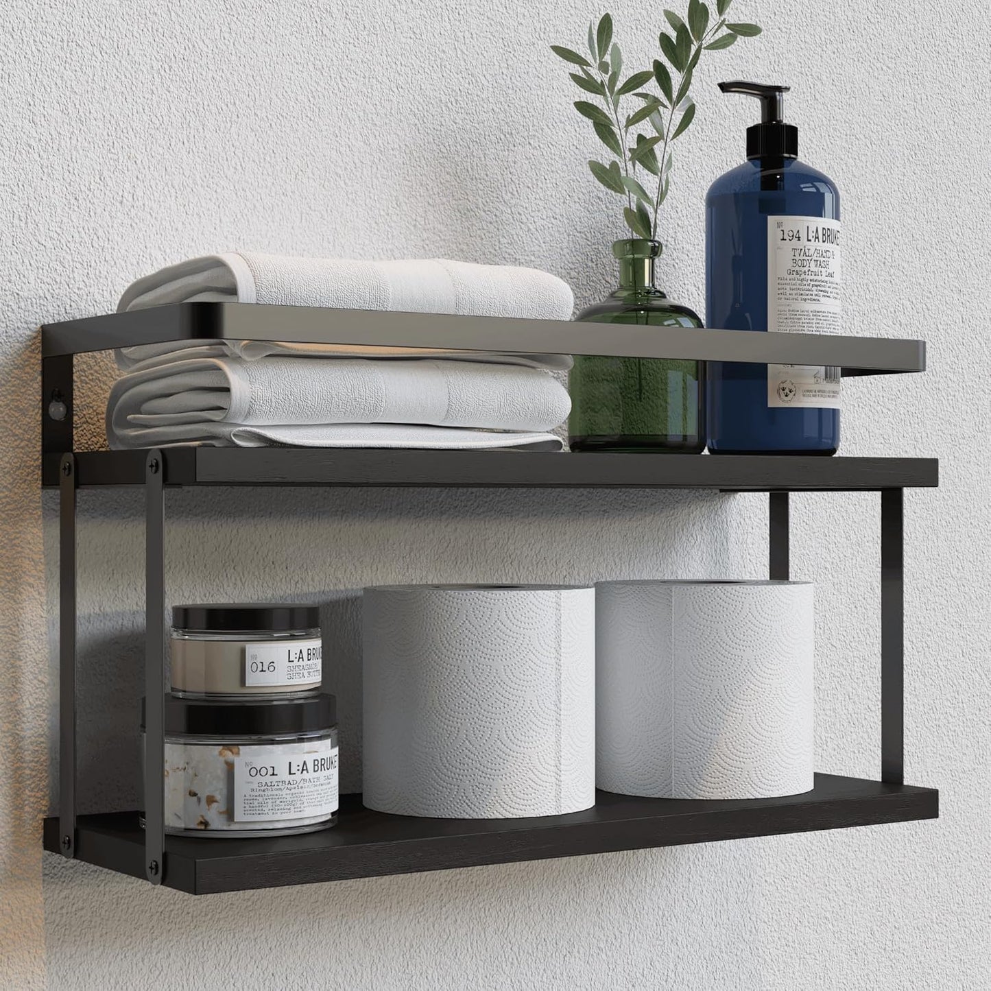 RICHER HOUSE 2+1 Tier Wall Mounted Floating Shelves Set of 2, Rustic Wood Wall Shelf with Metal Frame, Extra Storage Rack for Bathroom, Kitchen, Bedroom with Tissue Rack & Towel Bar - Black