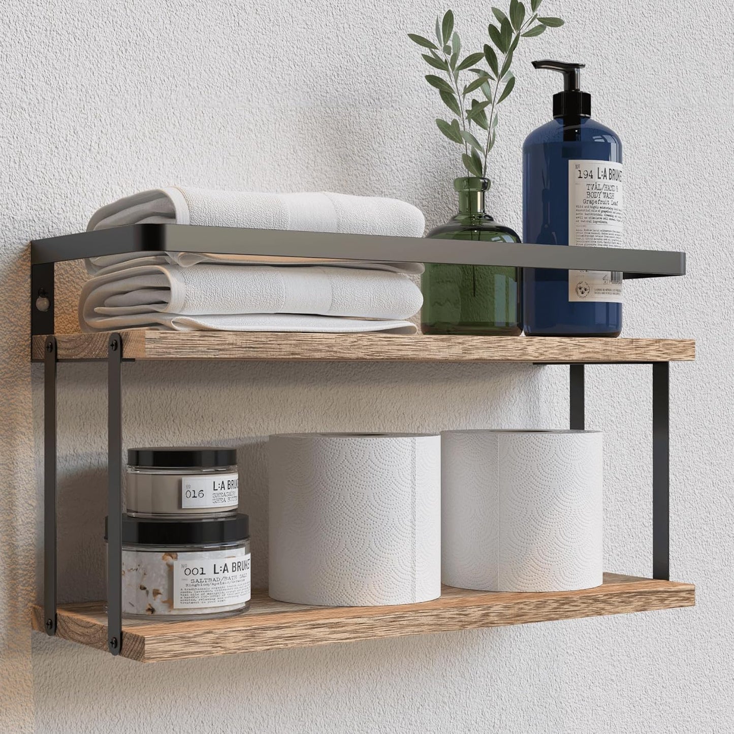 RICHER HOUSE 2+1 Tier Wall Mounted Floating Shelves Set of 2, Rustic Wood Wall Shelf with Metal Frame, Extra Storage Rack for Bathroom, Kitchen, Bedroom with Tissue Rack & Towel Bar - Black