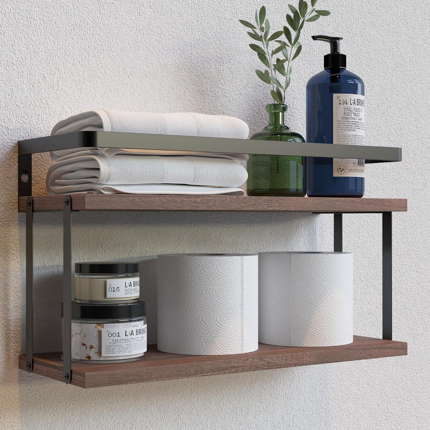 RICHER HOUSE 2+1 Tier Wall Mounted Floating Shelves Set of 2, Rustic Wood Wall Shelf with Metal Frame, Extra Storage Rack for Bathroom, Kitchen, Bedroom with Tissue Rack & Towel Bar - Black