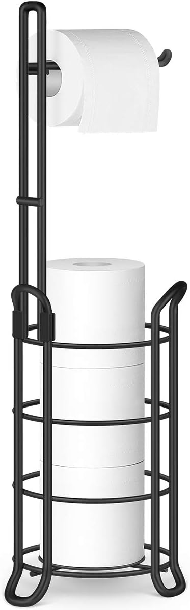 TomCare Toilet Paper Holder Toilet Paper Stand and Dispenser for 3 Spare Rolls Metal Wire Free-Standing Toilet Tissue Paper Roll Storage Shelf Bathroom Accessories Storage Organizer Black