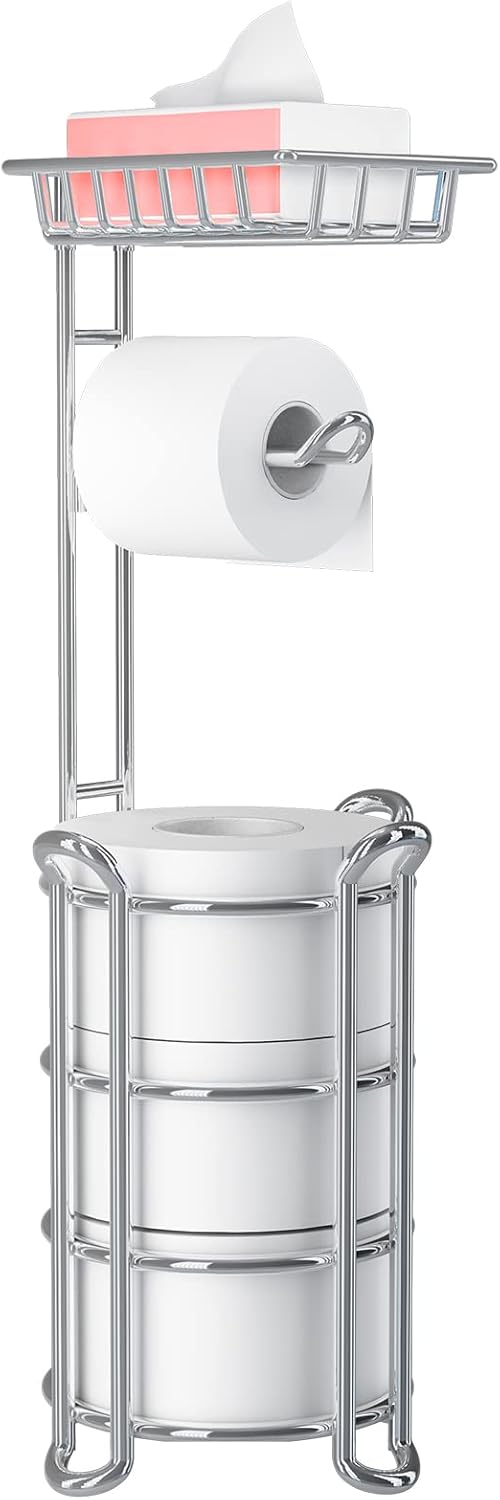 Toilet Paper Holder Stand with Shelf, Free Standing Toilet Tissue Roll Storage Rack for Bathroom, Black
