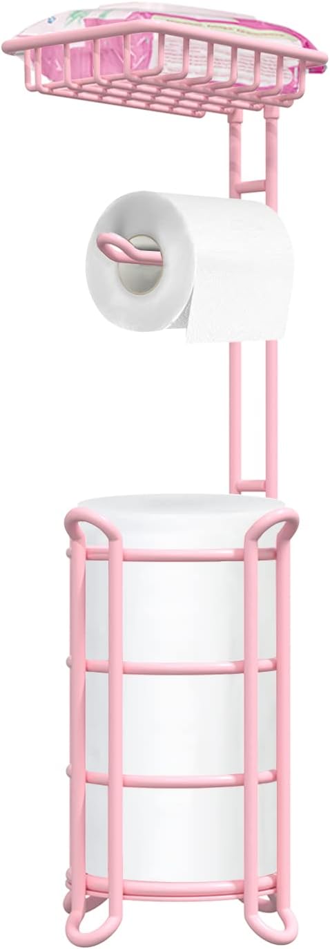 [Upgrade] Toilet Paper Holder Stand with Shelf Tissue Holders for Bathroom Free Standing Bath Tissue Roll Holder Magazine Rack for Mega Rolls/Phone/Wipe-Black
