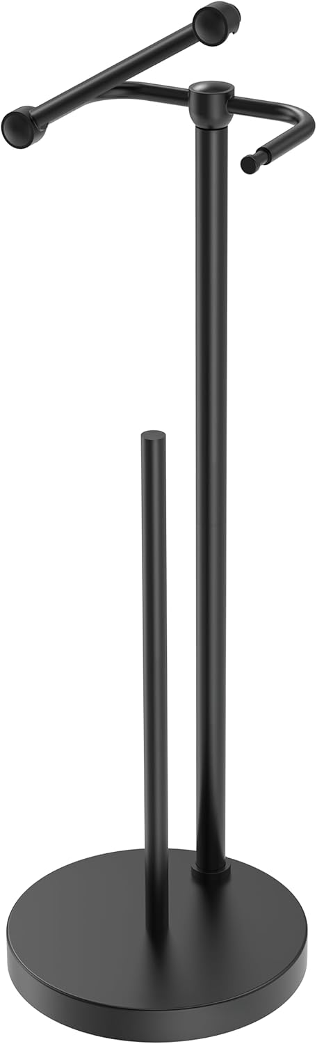Toilet Paper Holder Stand, Modern Bathroom Free Standing Toilet Paper Roll Holder, Stainless Steel Tissue Rack, Rust-Proof & Heavy Stable Base (Matte Black)
