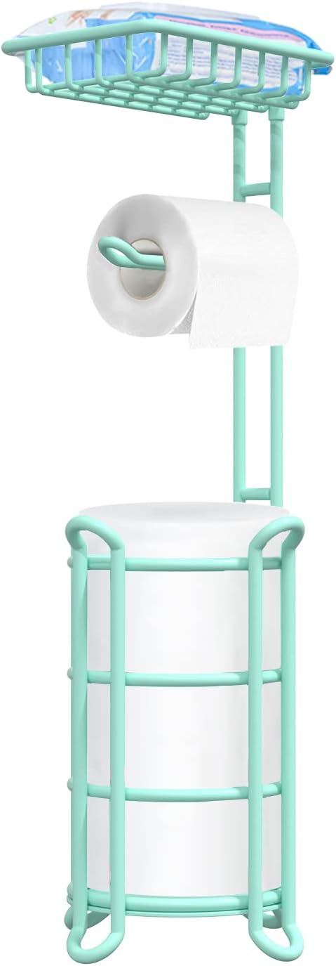 [Upgrade] Toilet Paper Holder Stand with Shelf Tissue Holders for Bathroom Free Standing Bath Tissue Roll Holder Magazine Rack for Mega Rolls/Phone/Wipe-Black