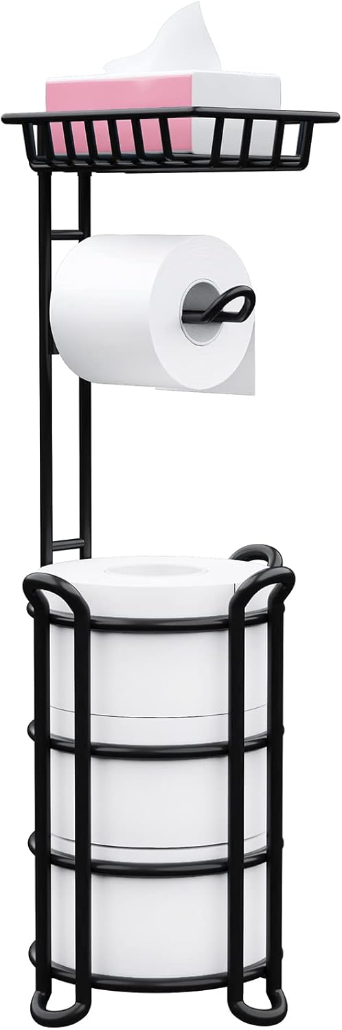 Toilet Paper Holder Stand with Shelf, Free Standing Toilet Tissue Roll Storage Rack for Bathroom, Black